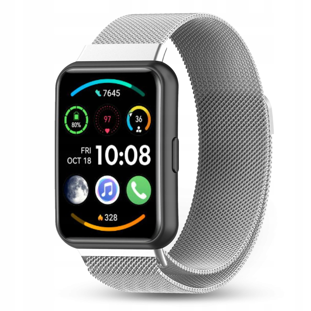 Zegarek smartwatch z srebrną bransoletą siatkową pokazuje 10:08, 18 paź, pt, 80% baterii.