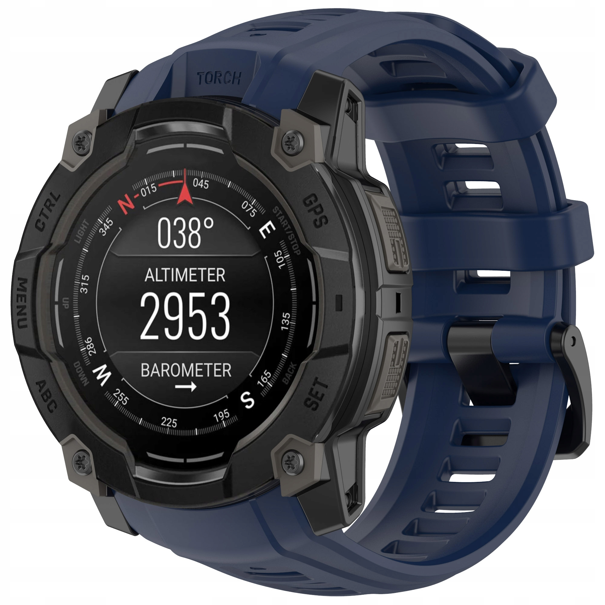Niebieski smartwatch z czarną obudową i cyfrowym wyświetlaczem pokazującym wysokościomierz i barometr.