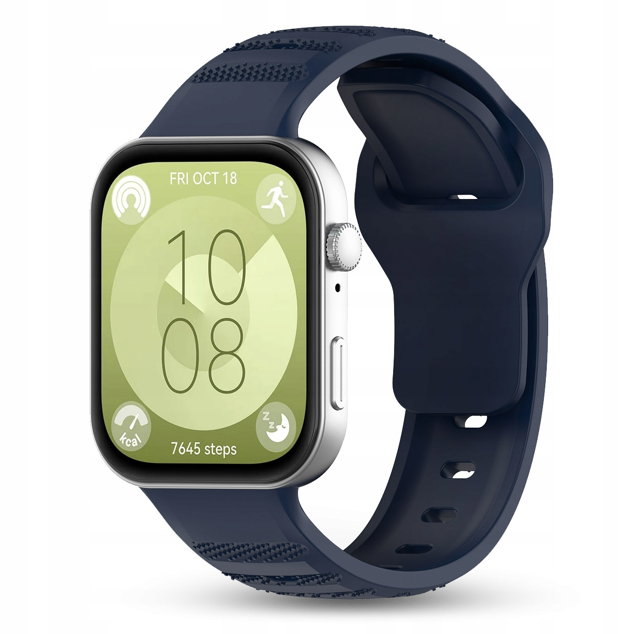 Ciemnoniebieski smartwatch z srebrną obudową wyświetlający wskaźniki aktywności.
