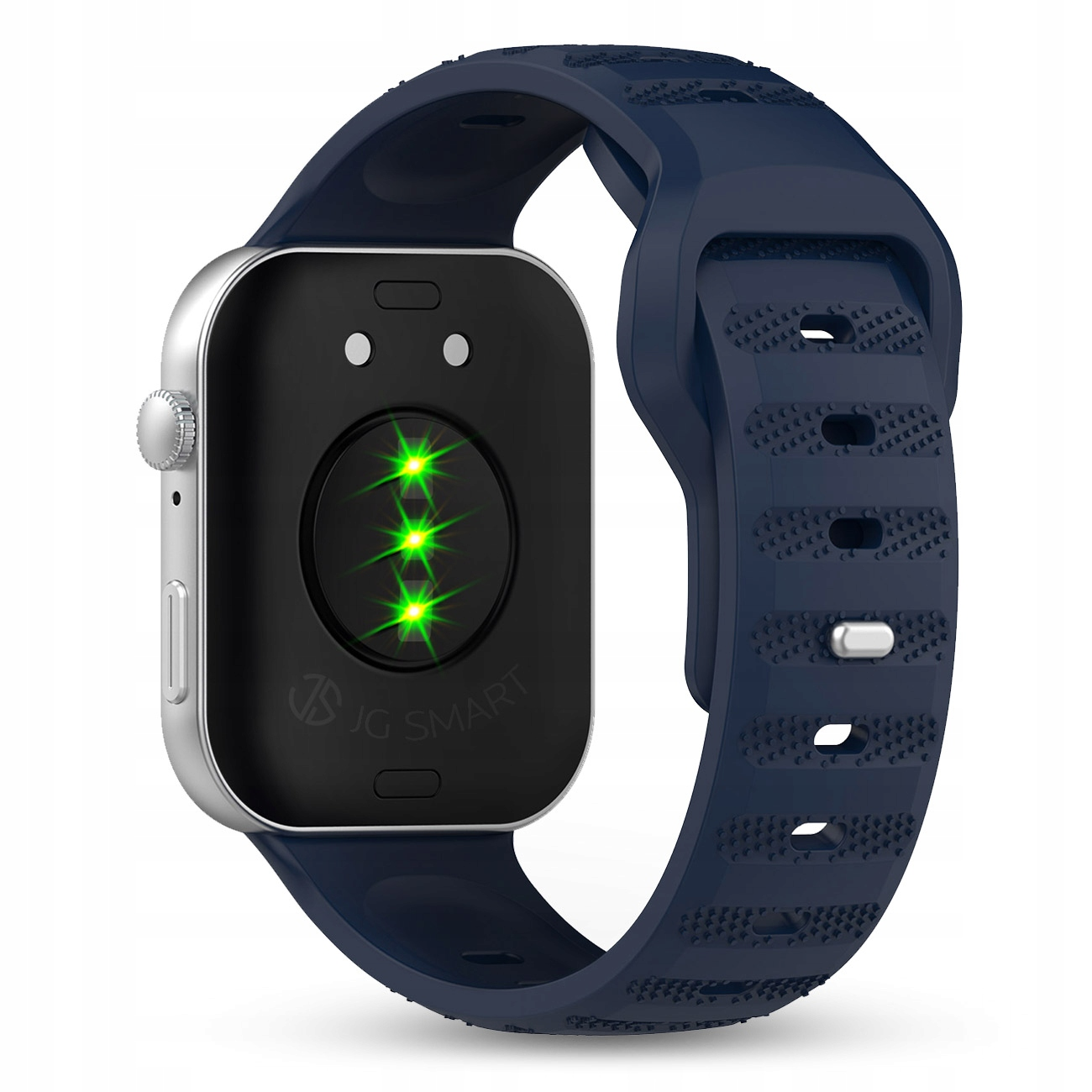 Granatowy smartwatch z srebrną ramką i czarnym ekranem pokazującym trzy zielone światła.