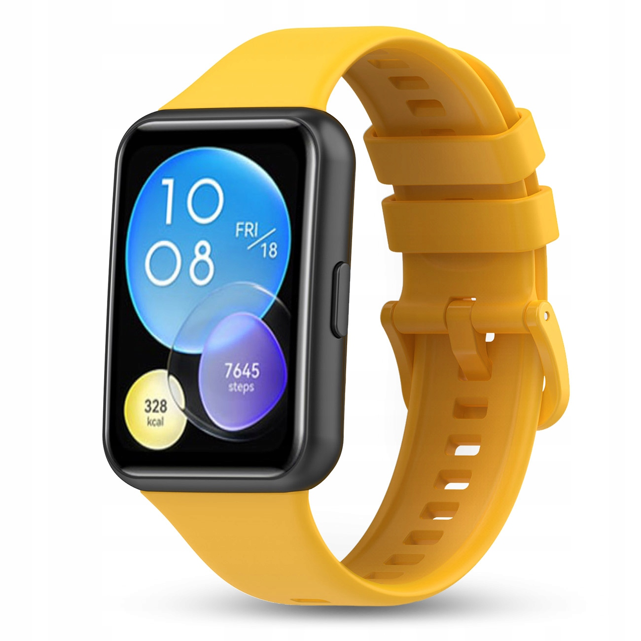 Żółty smartwatch z czarną obudową, ekran wyświetla godzinę, datę i kroki.