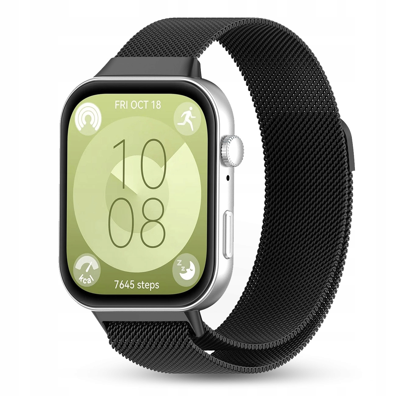 Srebrny smartwatch z czarną siatkową bransoletą pokazuje 10:08, pt 18 paź, 7645 kroków.