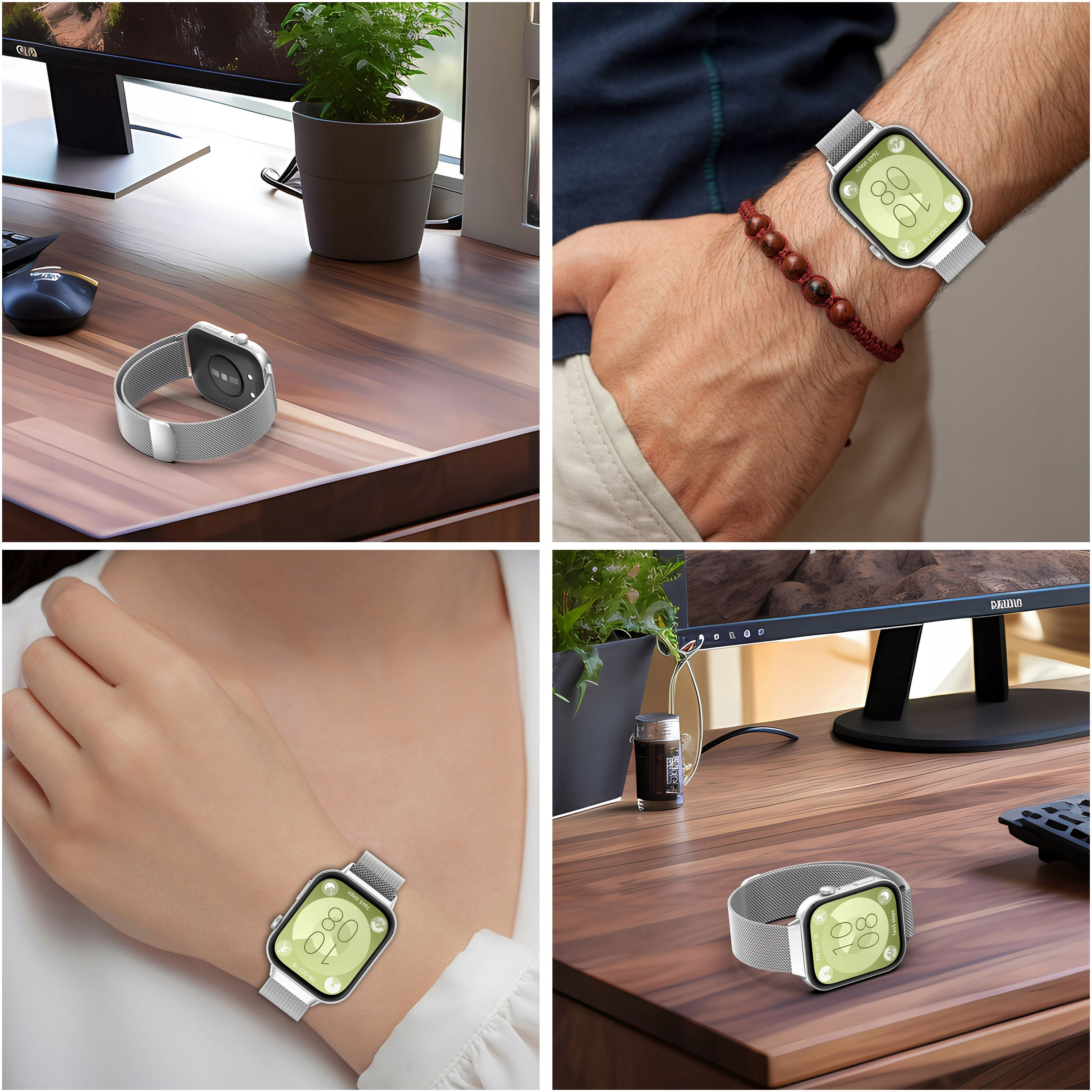 Srebrna opaska smartwatch na biurku z monitorem i rośliną.