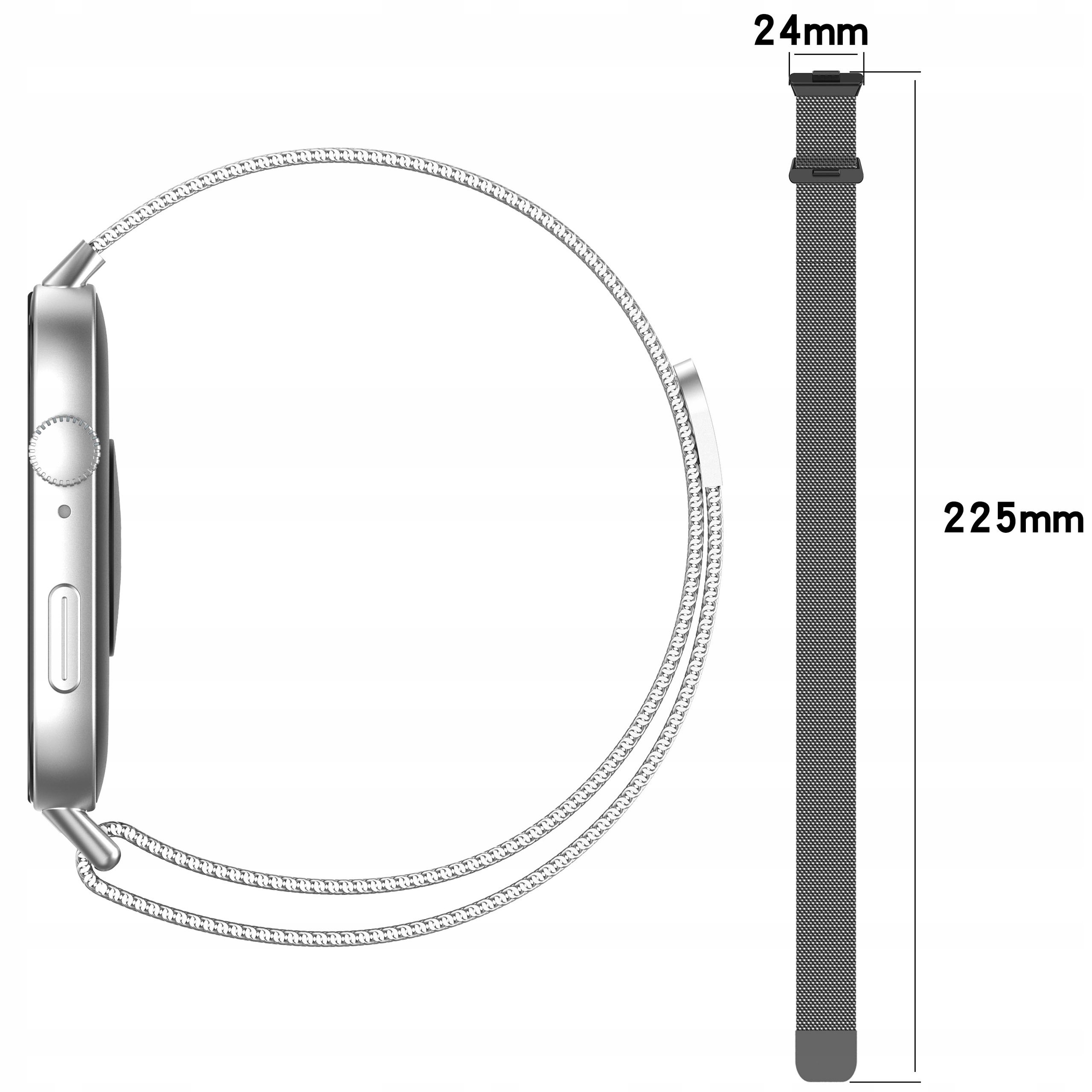 Srebrna bransoleta smartwatch i pojedyncza bransoleta z wymiarami.