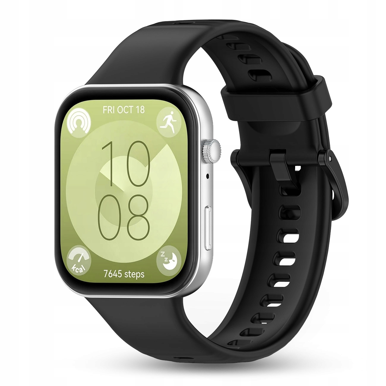 Srebrny smartwatch z czarnym paskiem, pokazuje 10:08, 7645 kroków, pt 18 paź.