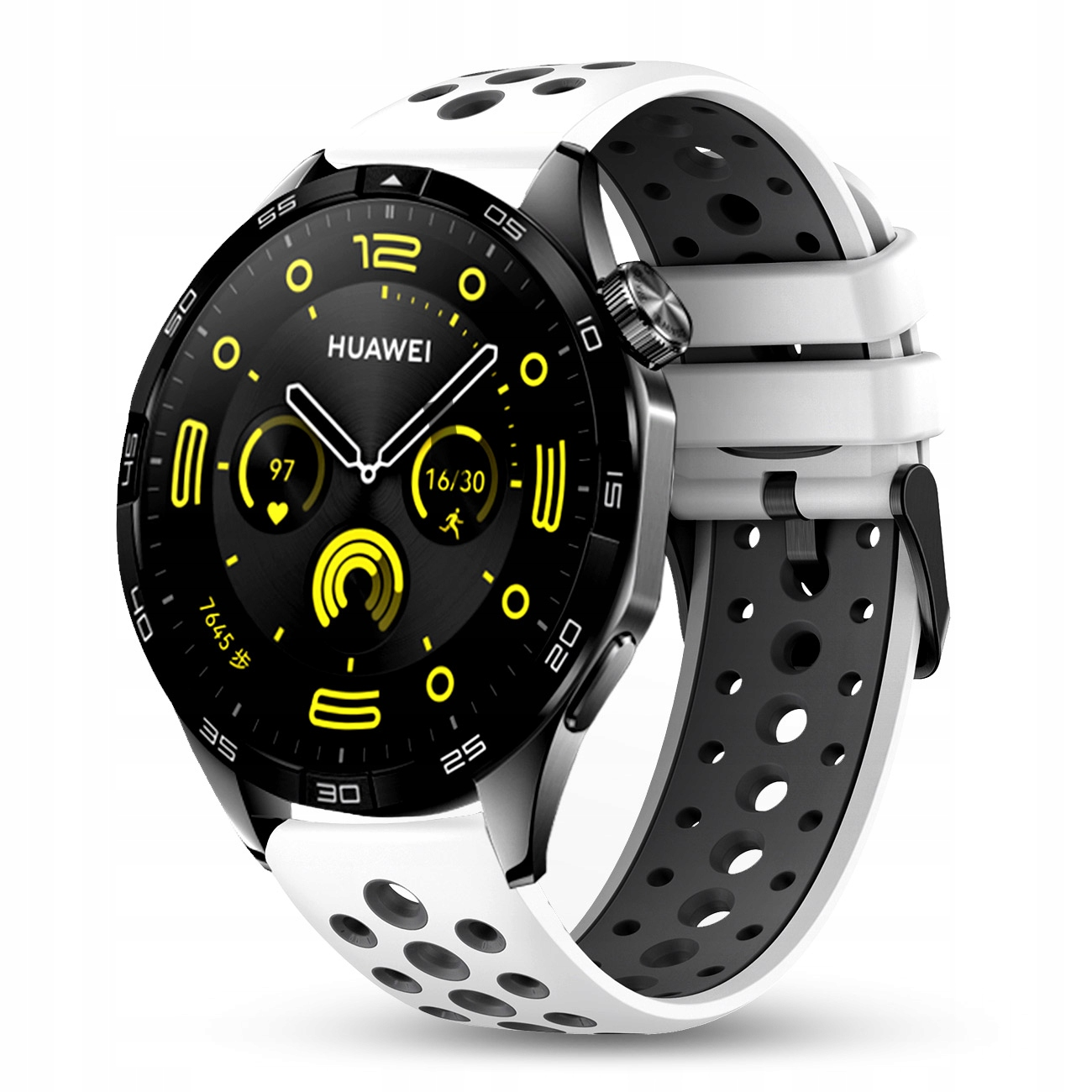 Biały smartwatch z czarną tarczą, żółtymi akcentami i perforowaną bransoletą.