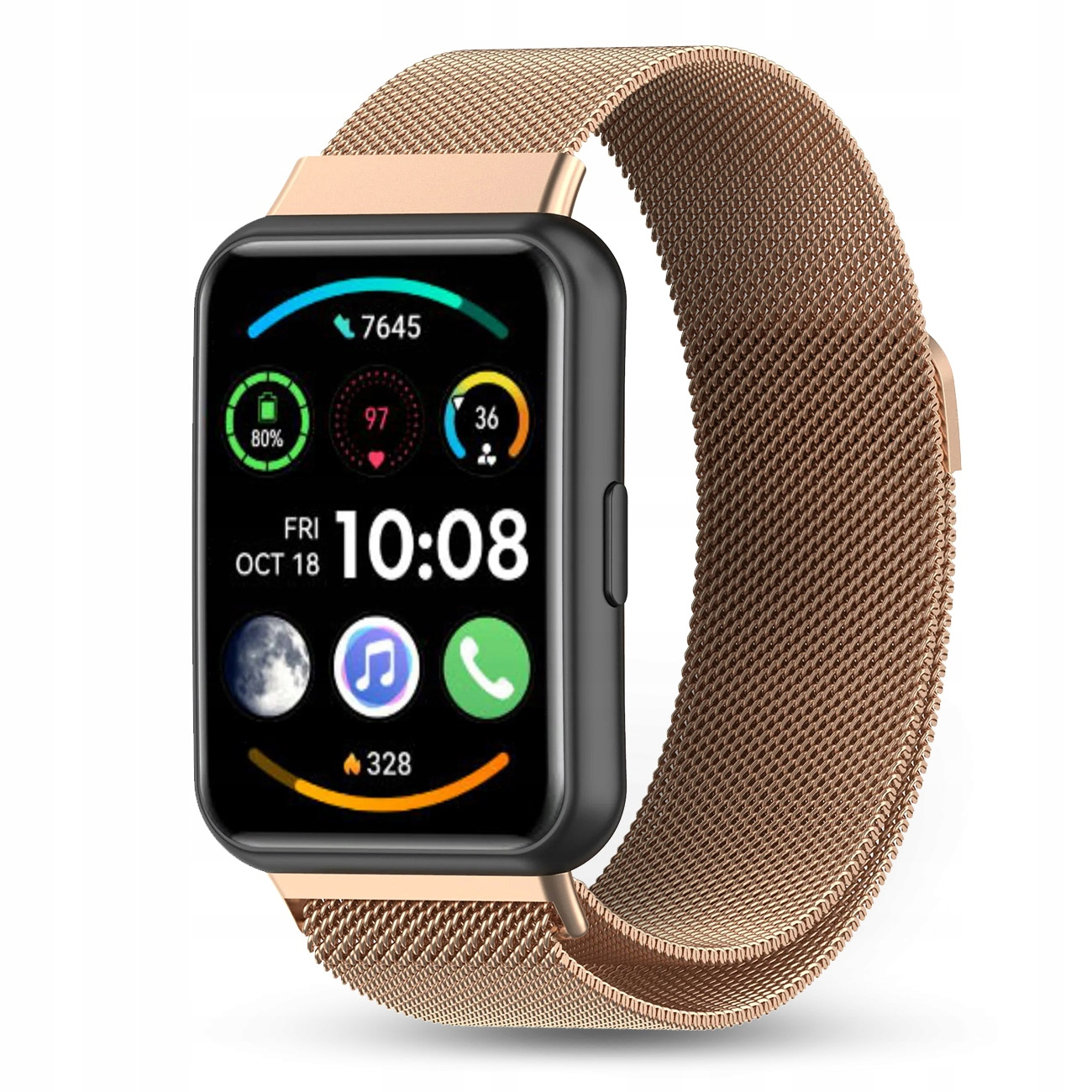 Złoty smartwatch z prostokątnym ekranem i siatkowym paskiem.