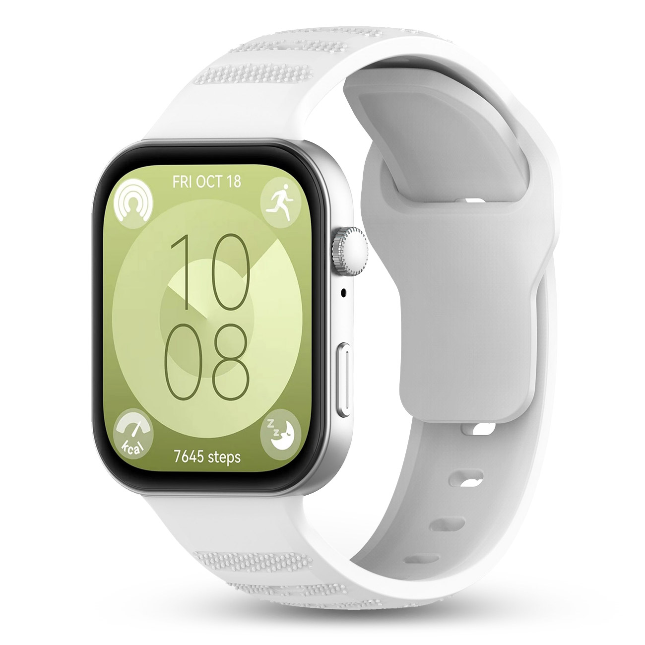 Biały smartwatch z srebrną kopertą i zielonym wyświetlaczem pokazującym 10:08.