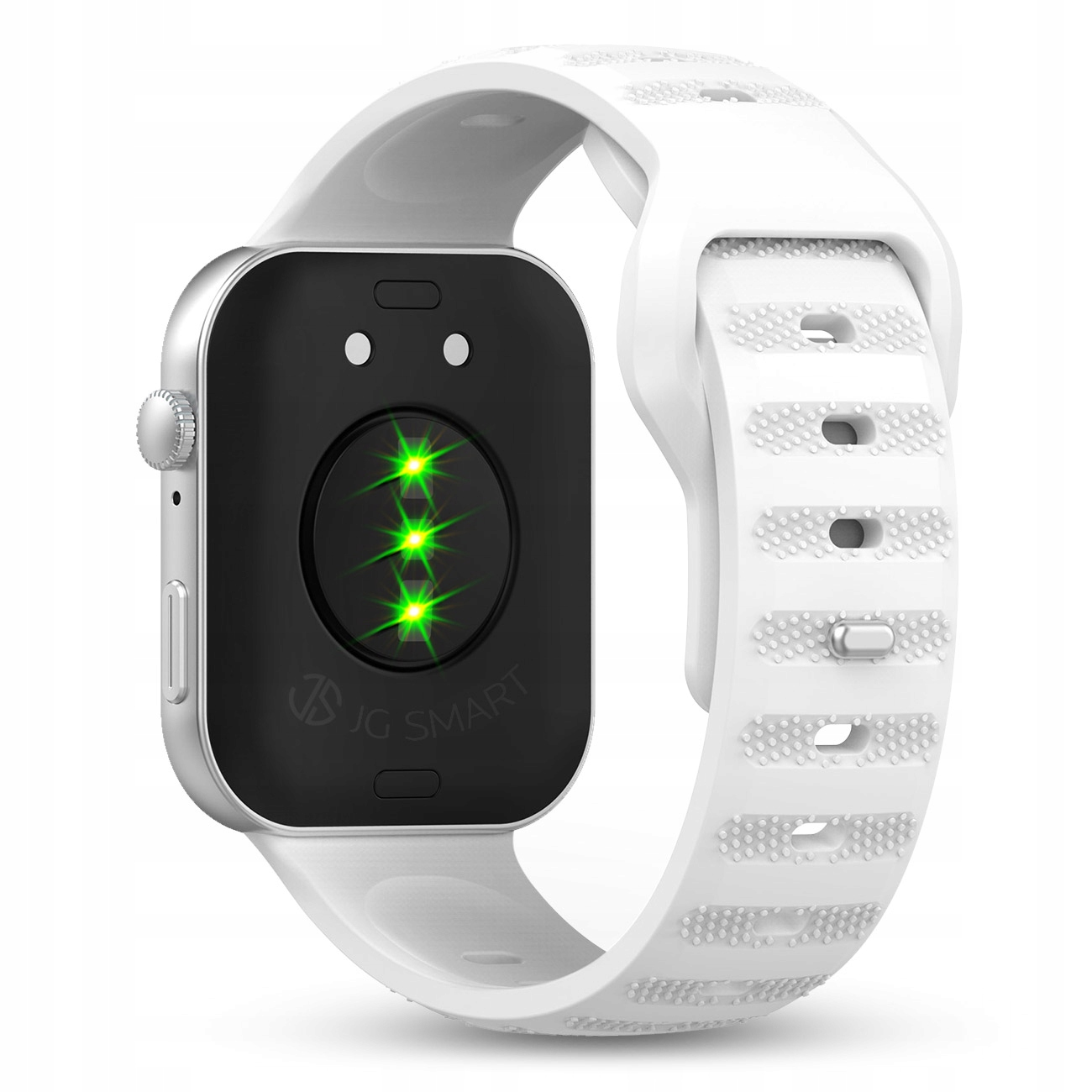 Biały smartwatch z srebrną obudową i podświetlanym sensorem tętna.