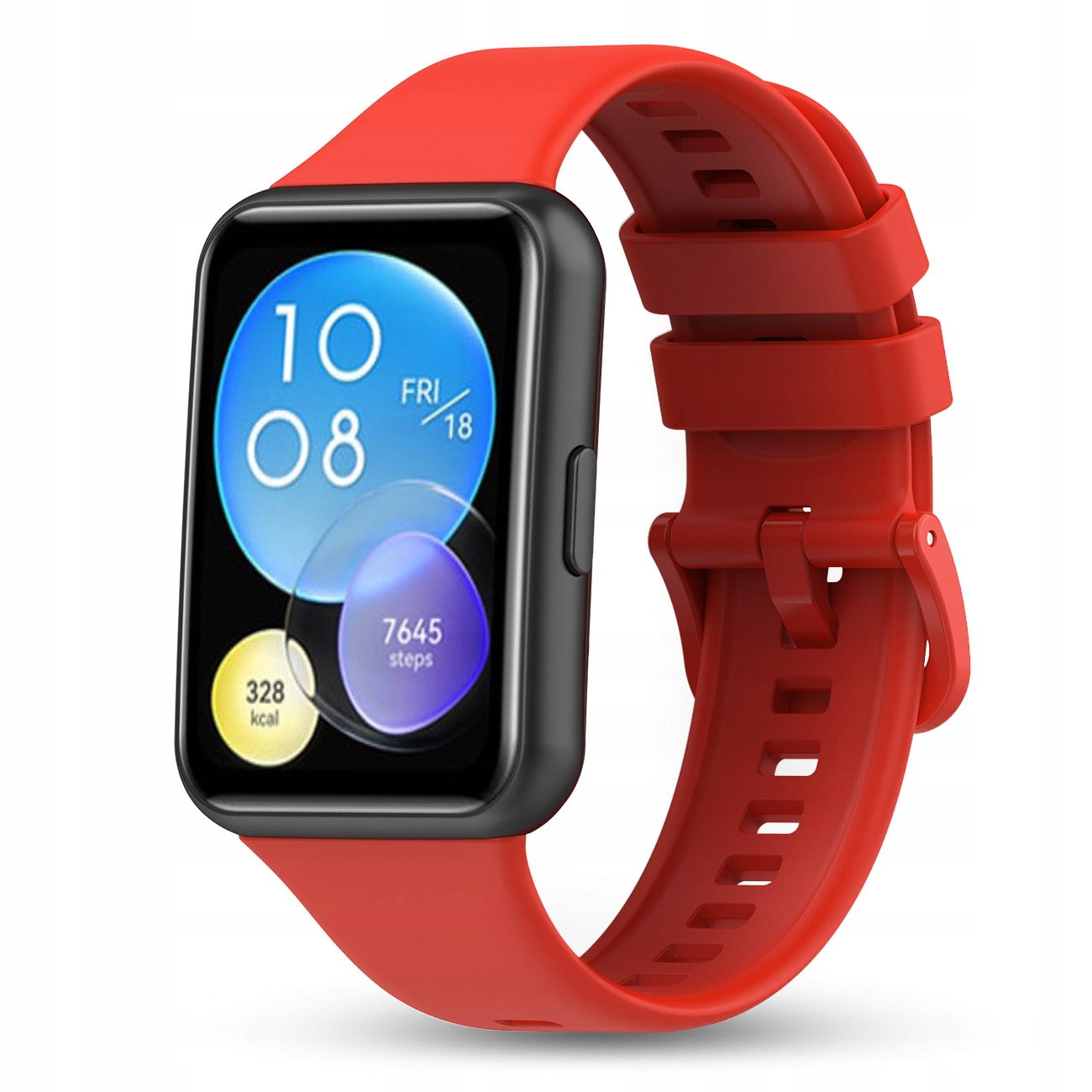 Czerwony smartwatch z czarną obudową wyświetla godzinę, datę, kalorie i kroki.