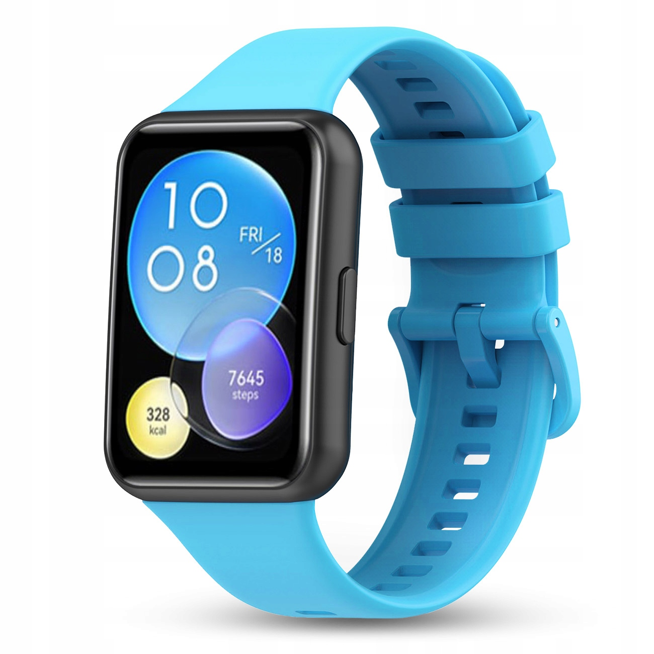 Niebieski smartwatch z czarną obudową i ekranem dotykowym wyświetla czas i kroki.