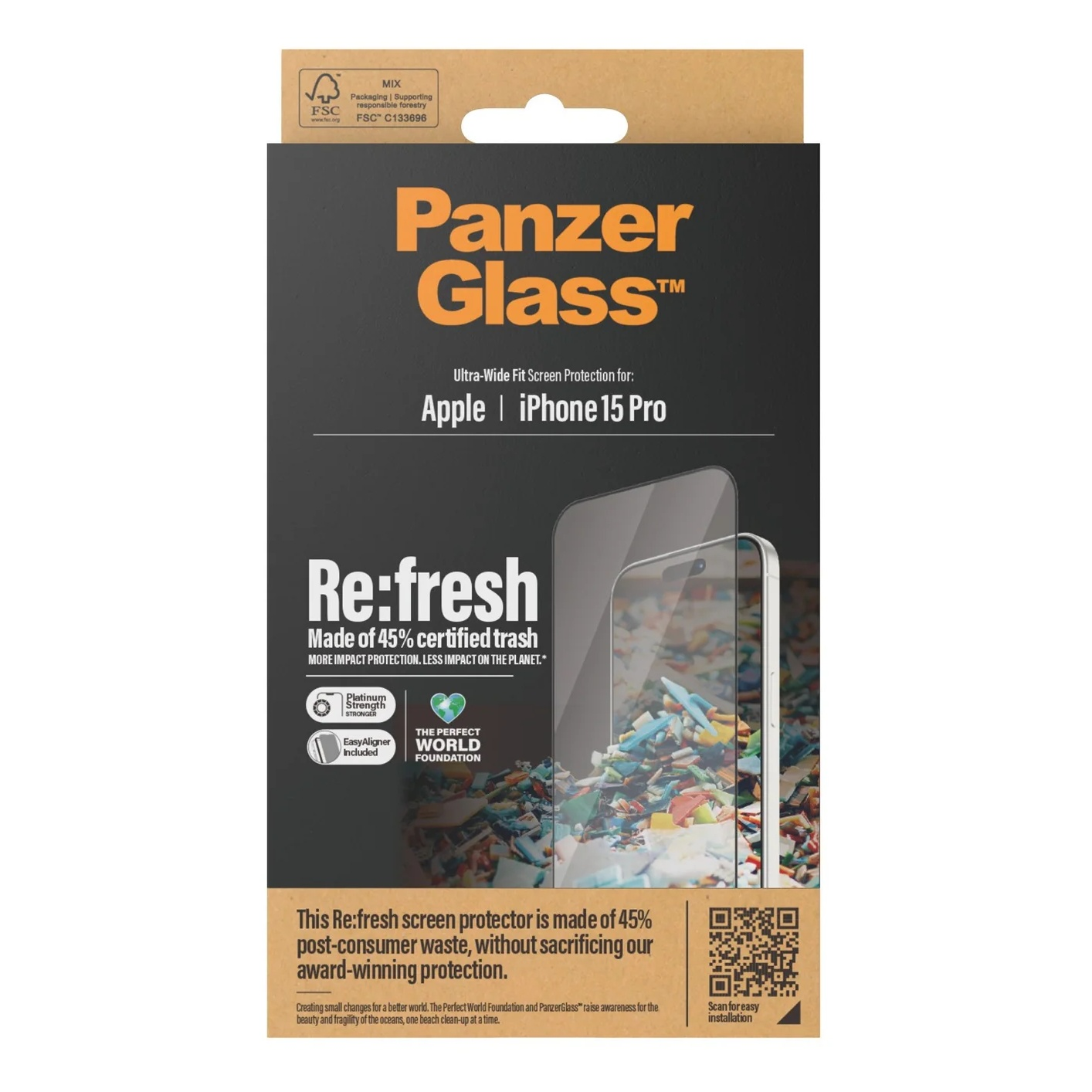 Pudełko folii ochronnej PanzerGlass Re:fresh na iPhone 15 Pro, wykonane z 45% śmieci.
