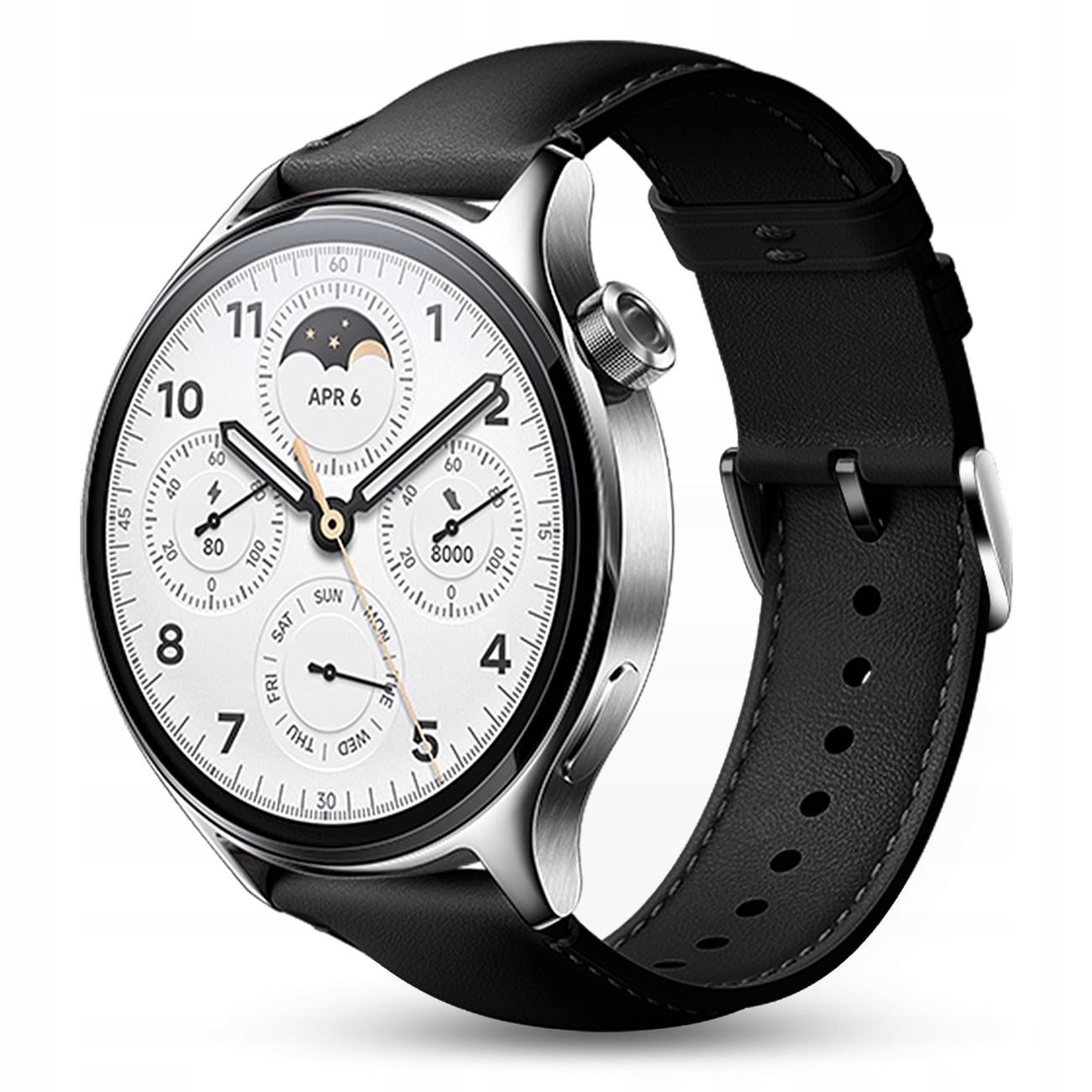 Srebrny smartwatch z czarnym skórzanym paskiem. Biała tarcza pokazuje datę, fazę księżyca i 2 subtarcze.