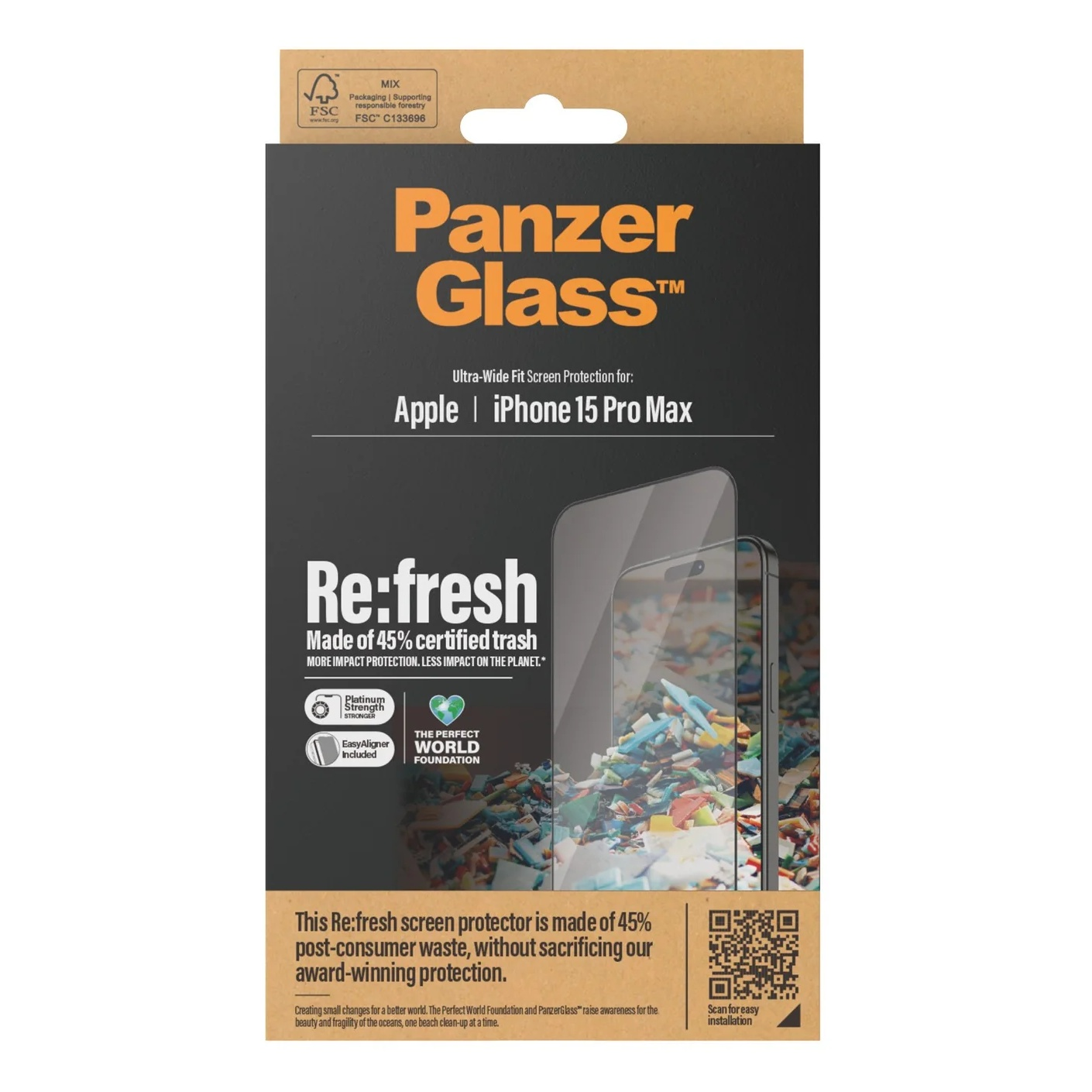 Opakowanie folii ochronnej PanzerGlass iPhone 15 Pro Max, wykonane z 45% przetworzonych śmieci.
