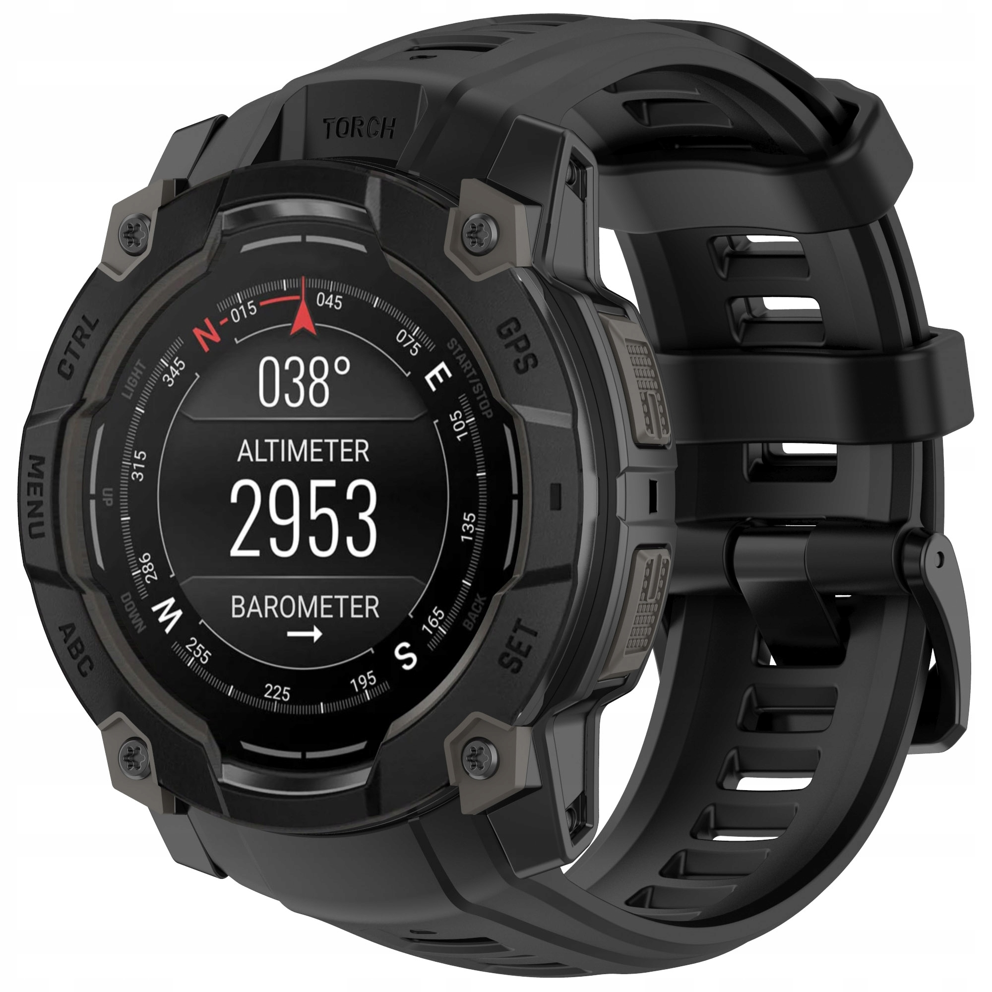 Czarny smartwatch z kompasem, wysokościomierzem 2953 i barometrem.