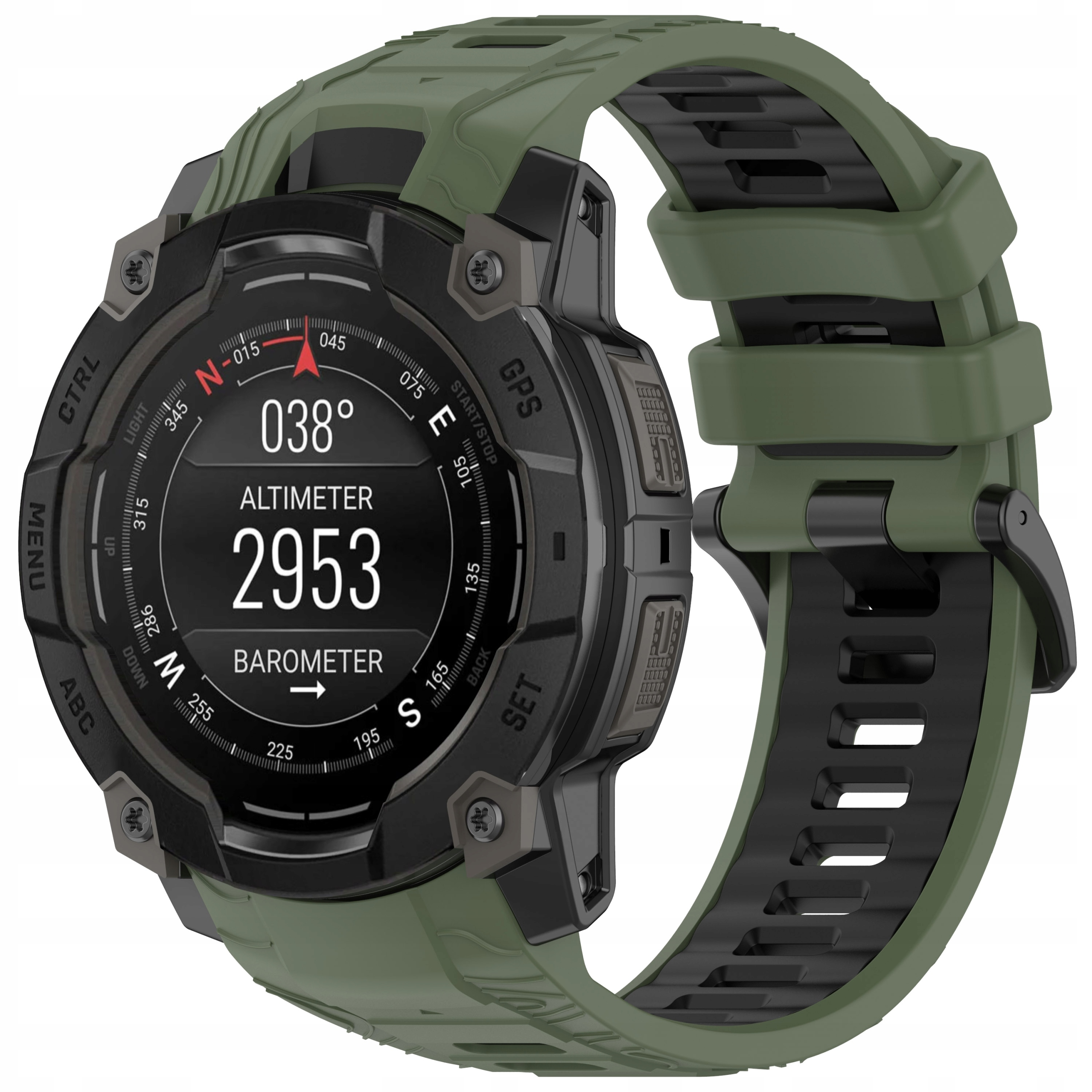 Zielony smartwatch outdoor z czarną tarczą wyświetlający dane o temperaturze i barometrze.