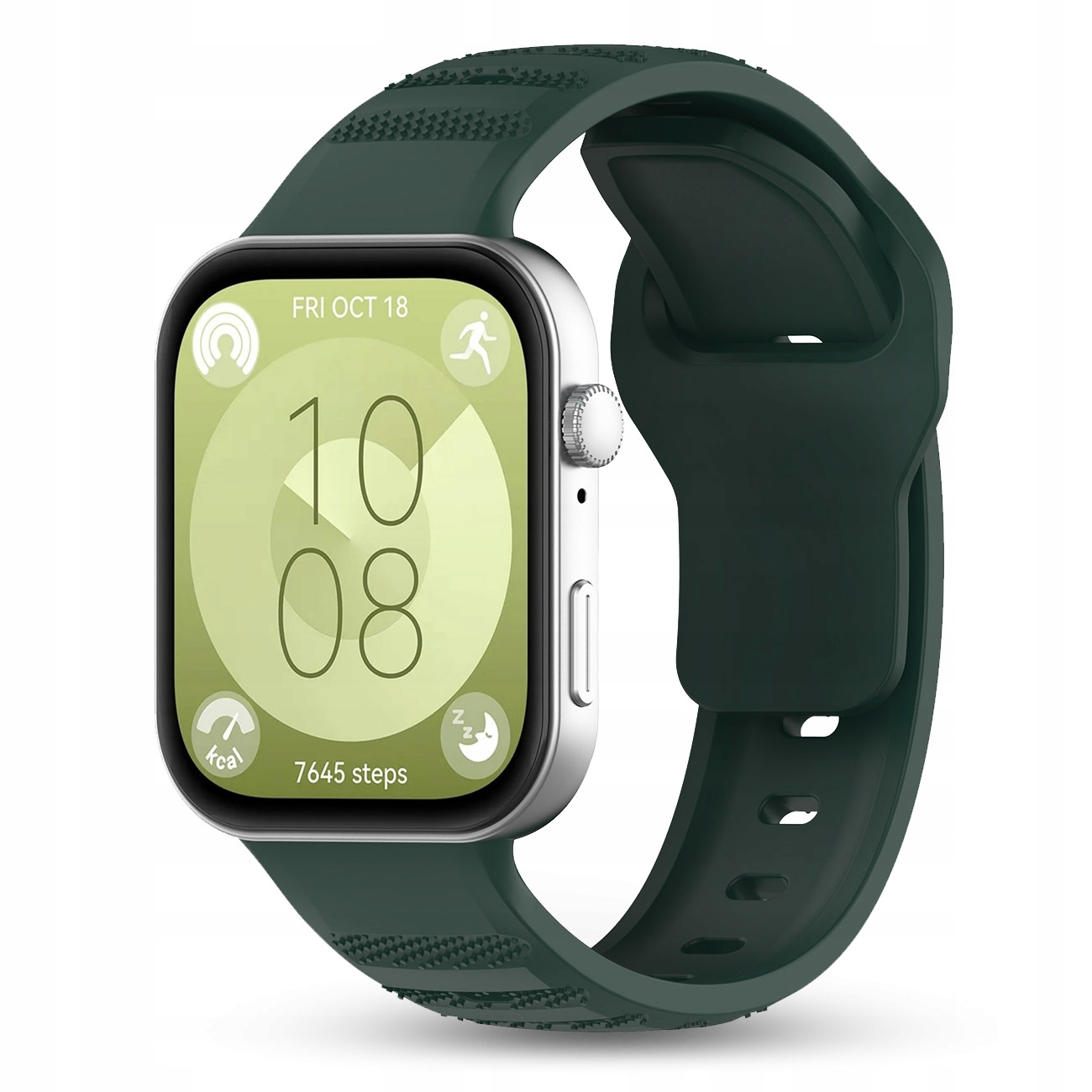 Srebrny smartwatch z ciemnozielonym paskiem, pokazuje 10:08, datę, kroki, kcal.