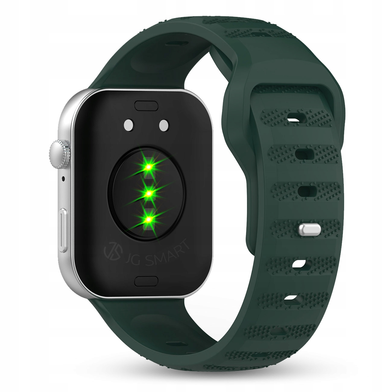 Zielony smartwatch ze srebrną obudową i świecącymi zielonymi światłami.