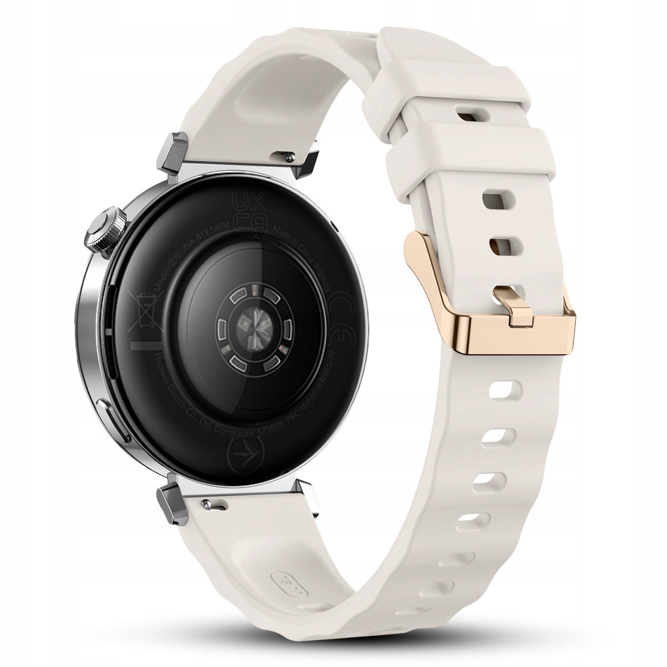 Biały smartwatch z klamrą w kolorze różowego złota i czarnym cyferblatem.