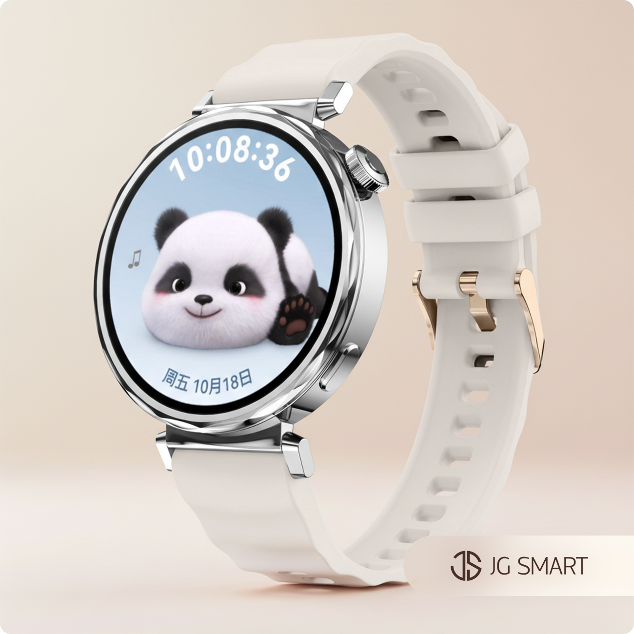 Biały smartwatch wyświetla grafikę słodkiej pandy. Godzina: 10:08:36.