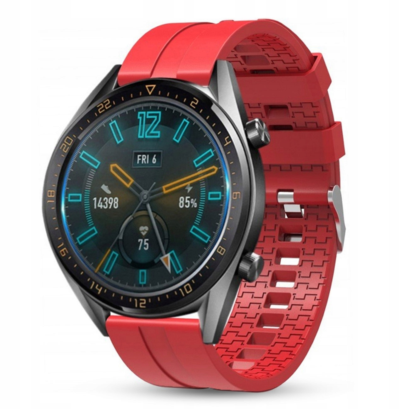Czerwony smartwatch z czarną tarczą pokazującą godzinę, datę i tętno.