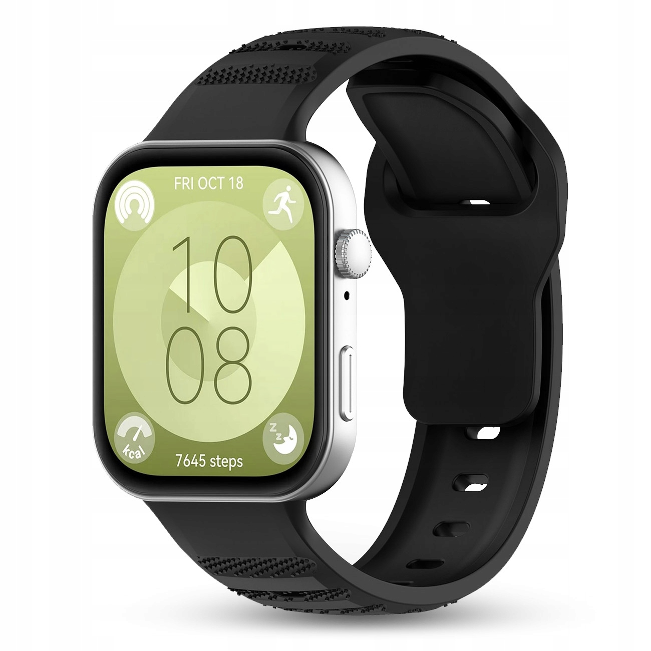 Srebrny smartwatch z czarnym paskiem pokazuje 10:08, 7645 kroków.