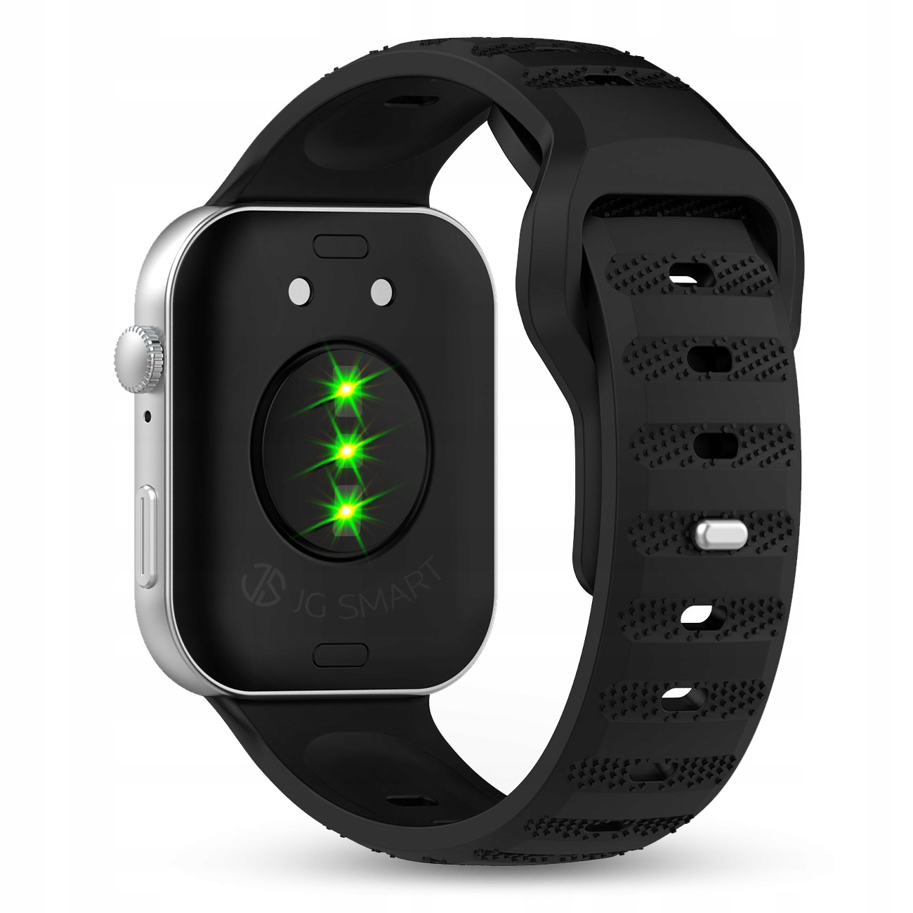 Czarny smartwatch z srebrną obudową i zielonymi diodami LED.