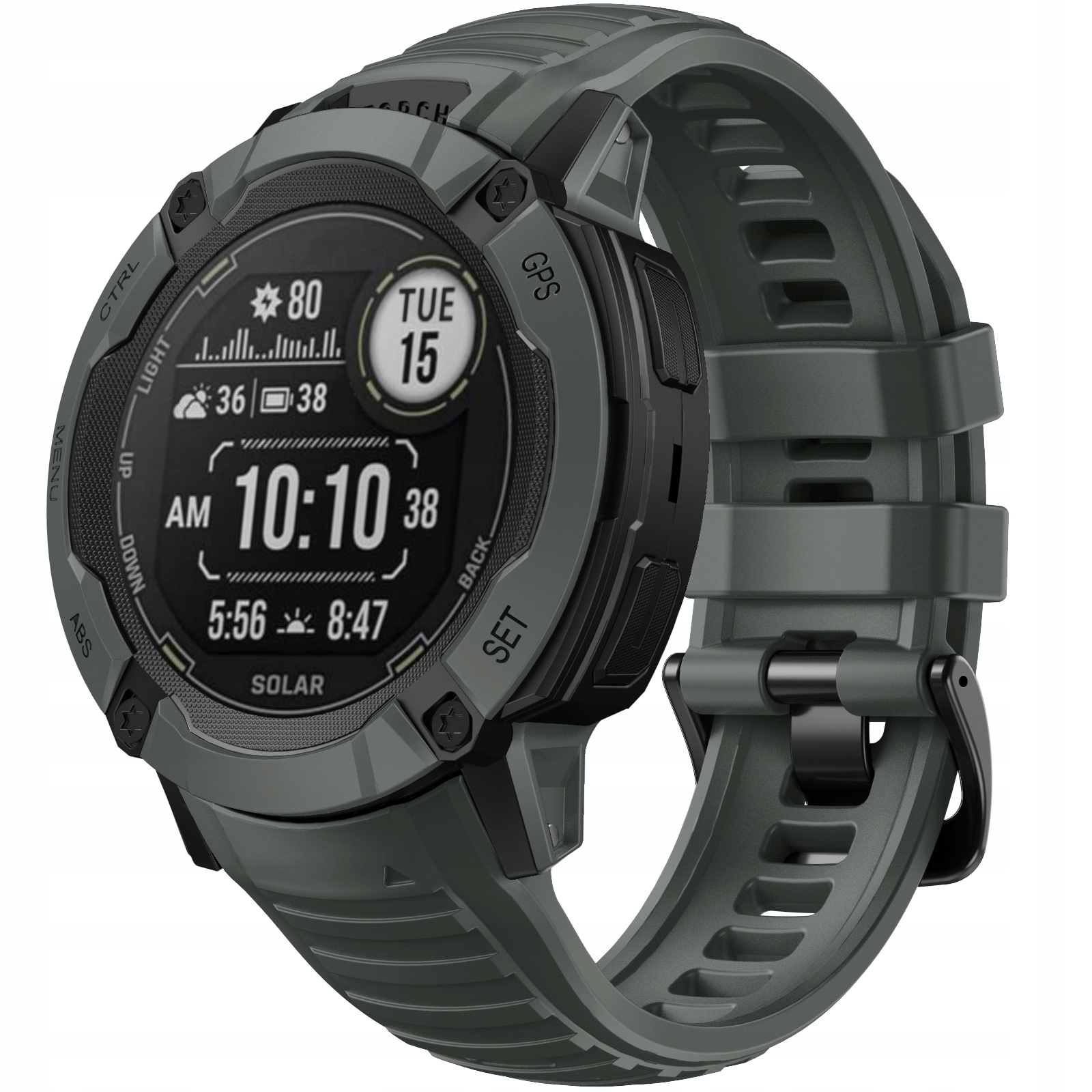 Zielony smartwatch z czarnym wyświetlaczem cyfrowym pokazującym czas, datę i inne statystyki.
