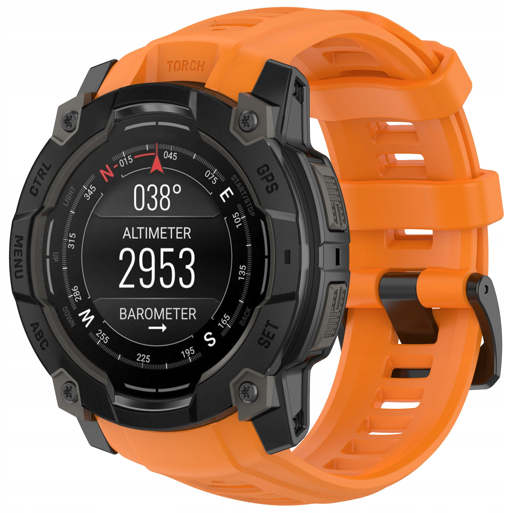 Pomarańczowy smartwatch z czarnym wyświetlaczem pokazuje dane wysokościomierza i barometru.