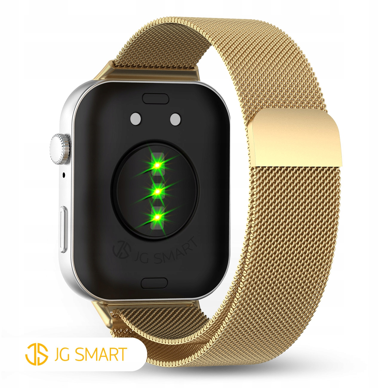 Srebrny smartwatch ze złotą siatkową bransoletą, czarną tarczą i trzema zielonymi światłami.