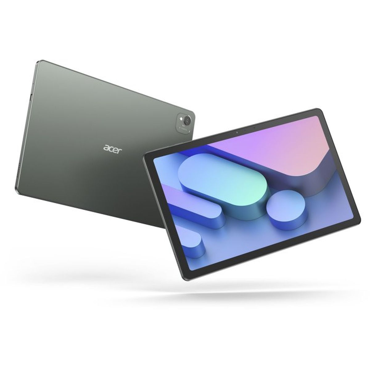 Zwei graue Acer-Tablets werden gezeigt. Eines liegt mit dem Gesicht nach unten und zeigt das Acer-Logo. Das andere ist nach vorne gerichtet.