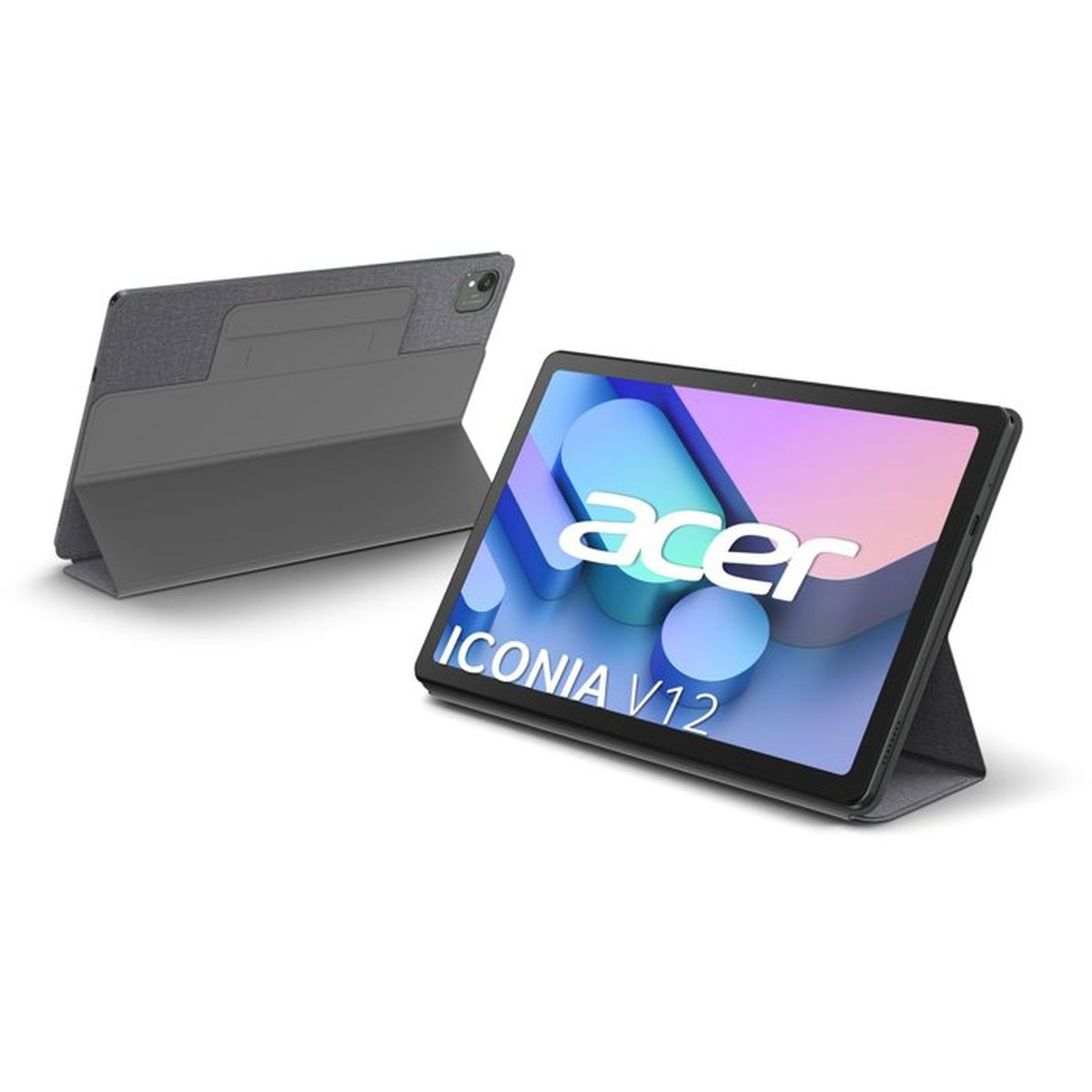 Zwei Acer Iconia V12 Tablets in dunkelgrauen Hüllen. Eines ist geöffnet und zeigt den Bildschirm.