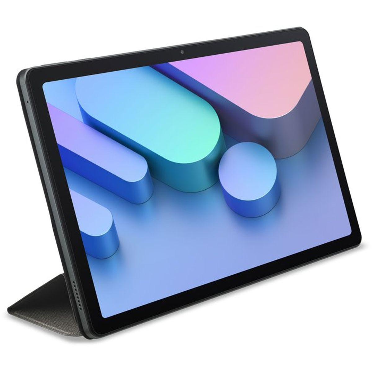 Ein schwarzes Tablet mit einem bunten Hintergrundbild und einer grauen Hülle.
