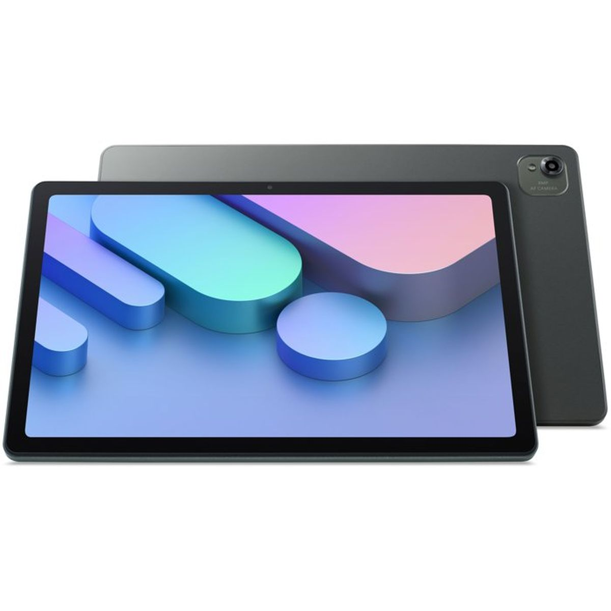 Ein dunkles Tablet mit einem farbigen, abstrakten Hintergrund. Ein zweites Tablet liegt dahinter.