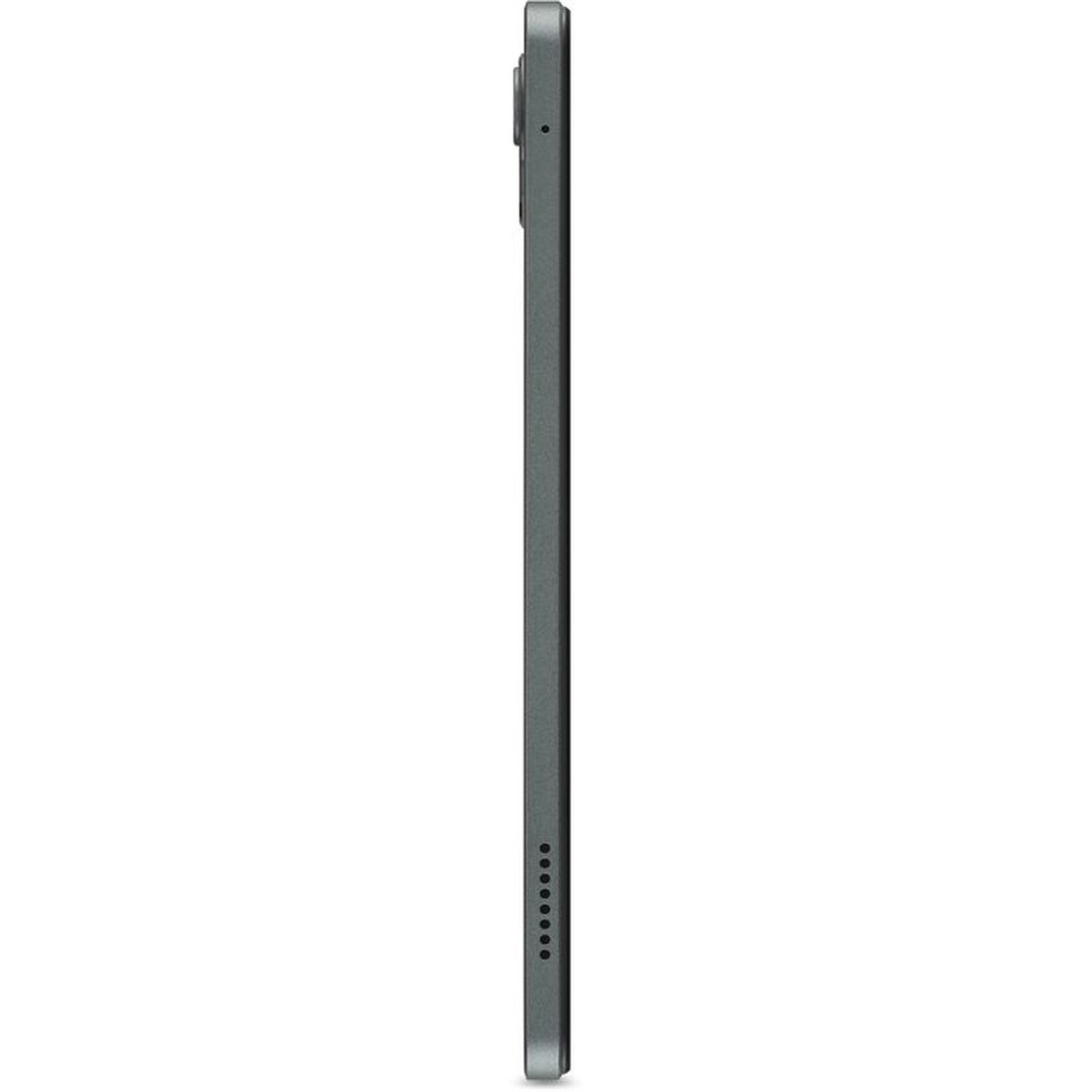 Graues Tablet im Profil auf weißem Hintergrund mit Ladekontakten.