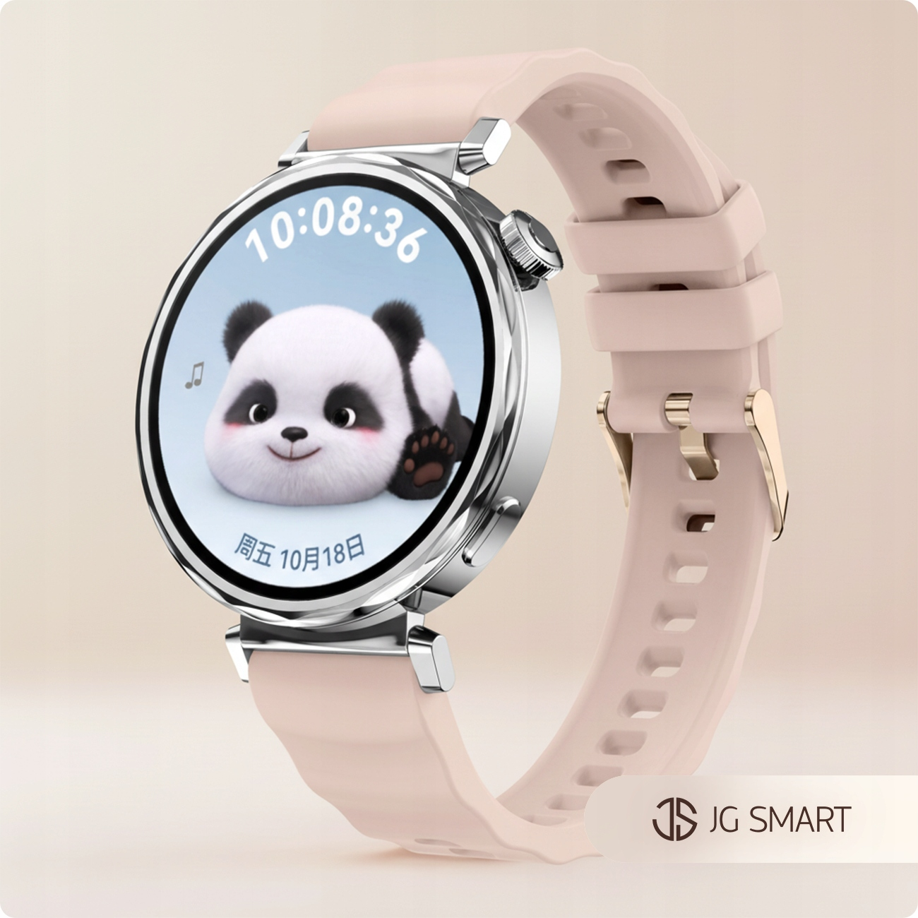 Różowy smartwatch z uroczą pandą na ekranie, pokazujący 10:08:36.