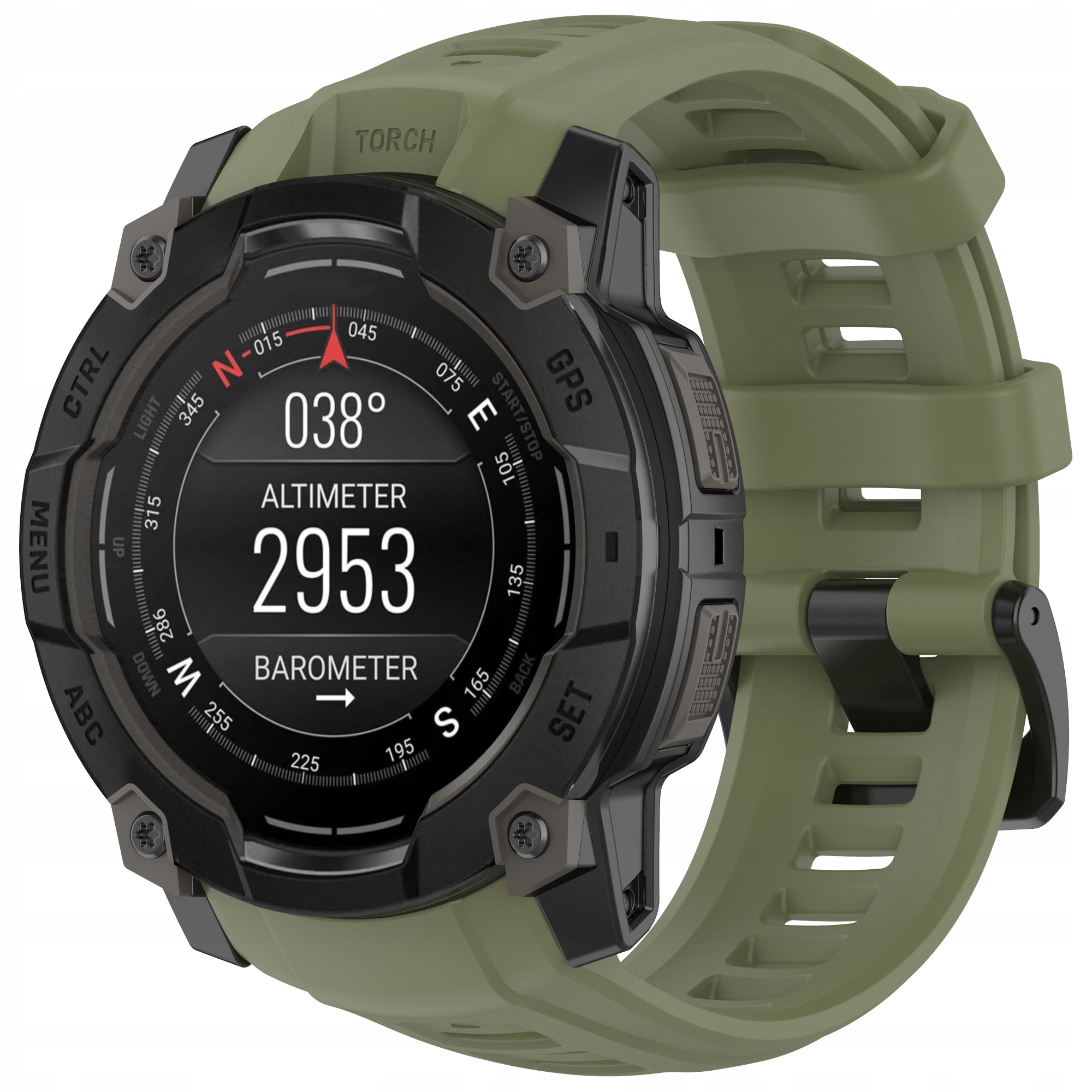 Zielony smartwatch z czarnym cyferblatem pokazuje temperaturę, wysokość i barometr.