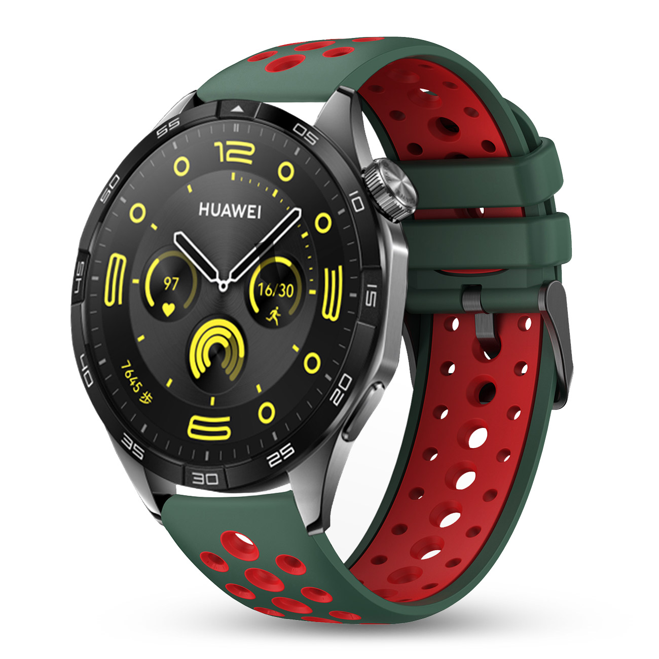 Srebrny smartwatch z zielono-czerwonym paskiem, na białym tle.