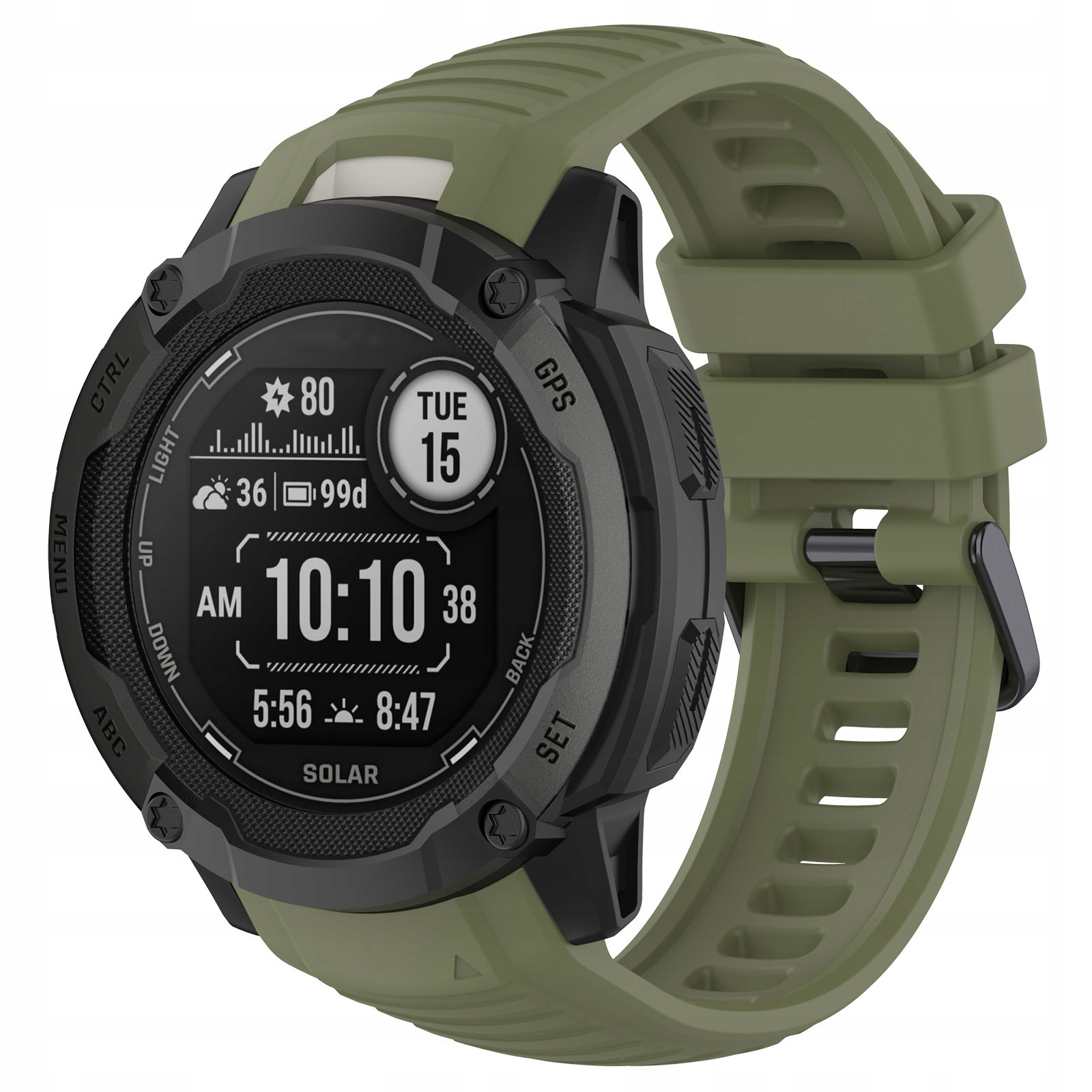Zielony smartwatch z czarną tarczą wyświetlający czas i datę.