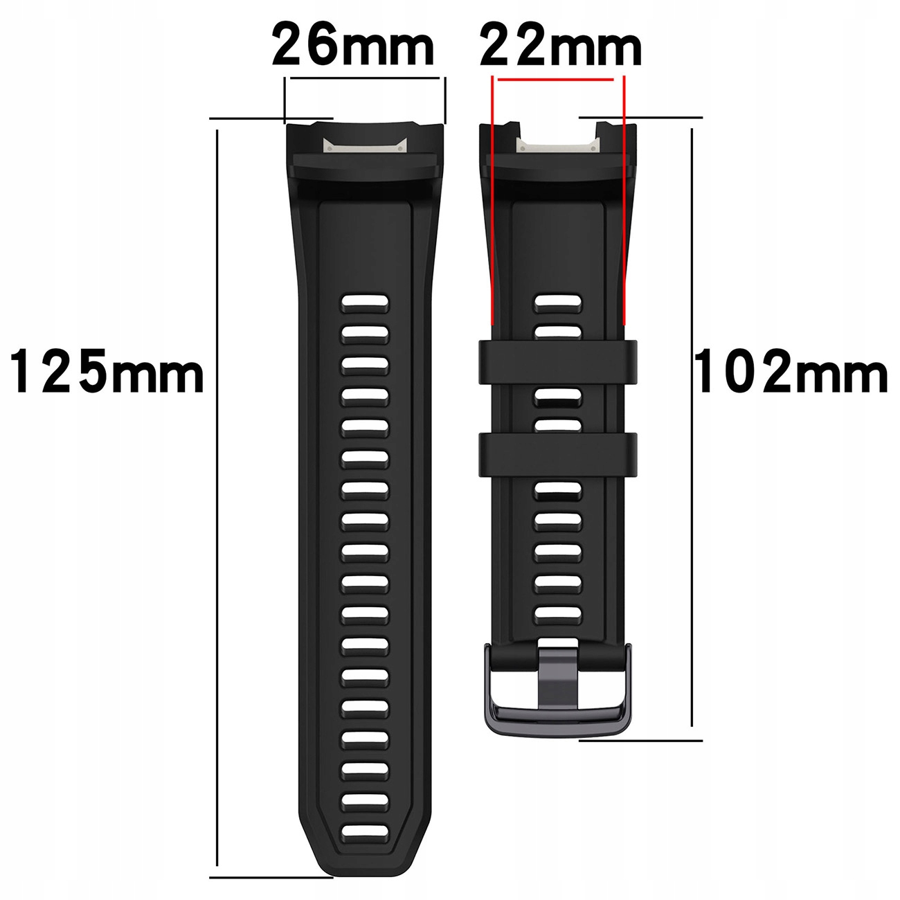 Dwa czarne paski do zegarków z wymiarami: 125mm, 102mm, 26mm, 22mm.