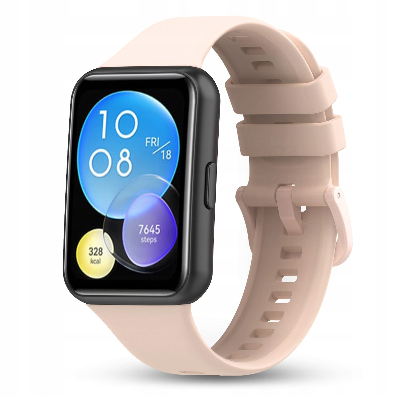 Jasny smartwatch z różową bransoletą i czarną obudową. Na wyświetlaczu godzina 10:08.