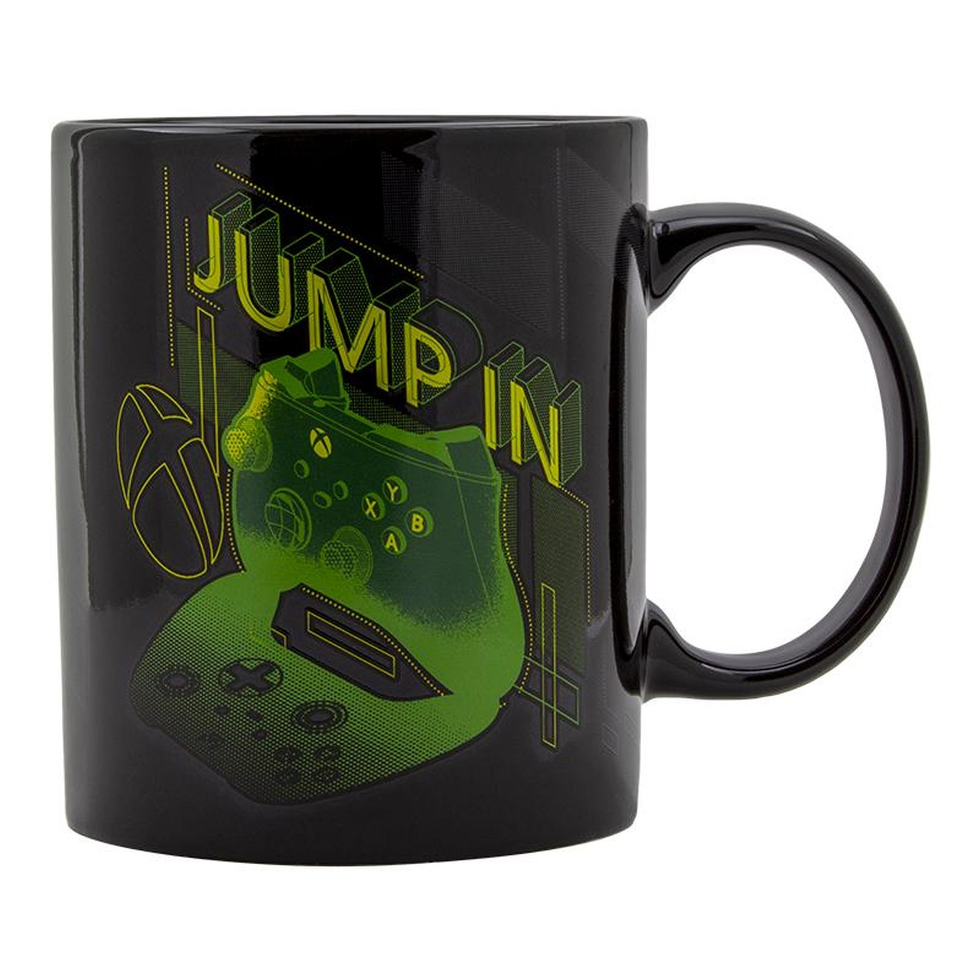 Czarny kubek z zielonym motywem kontrolera Xbox i tekstem.