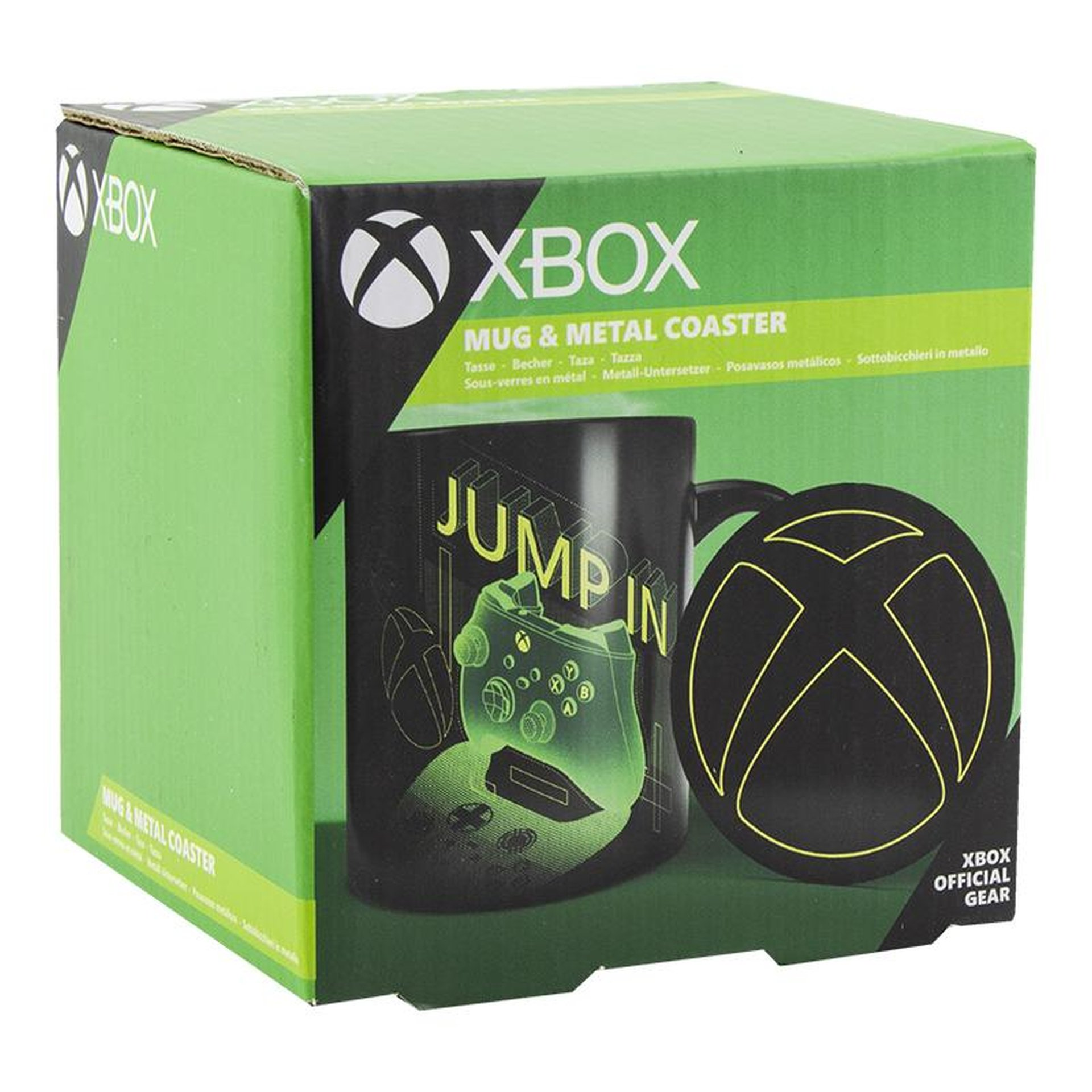 Zielono-czarne pudełko Xbox z kubkiem "Jump In" i kontrolerem.