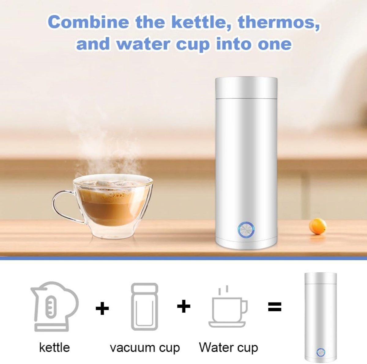 Eine weiße Thermoskanne steht neben einer dampfenden Kaffeetasse. Symbole zeigen Wasserkocher, Vakuumbecher, Tasse.