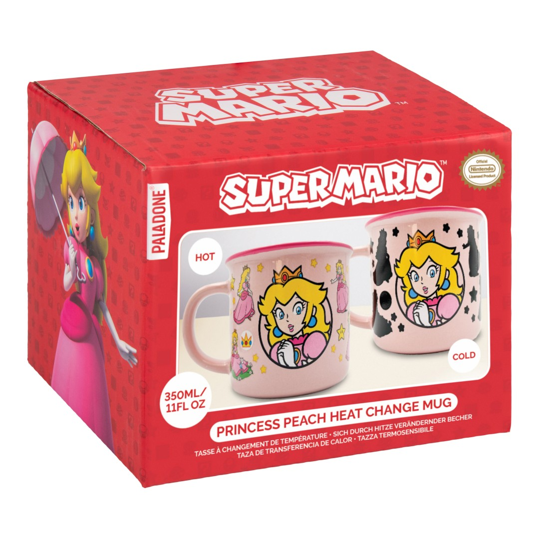 Różowy kubek Super Mario Princess Peach zmieniający kolor pod wpływem ciepła, przedstawiający Peach z parasolem na pudełku i dwa stany kubka.
