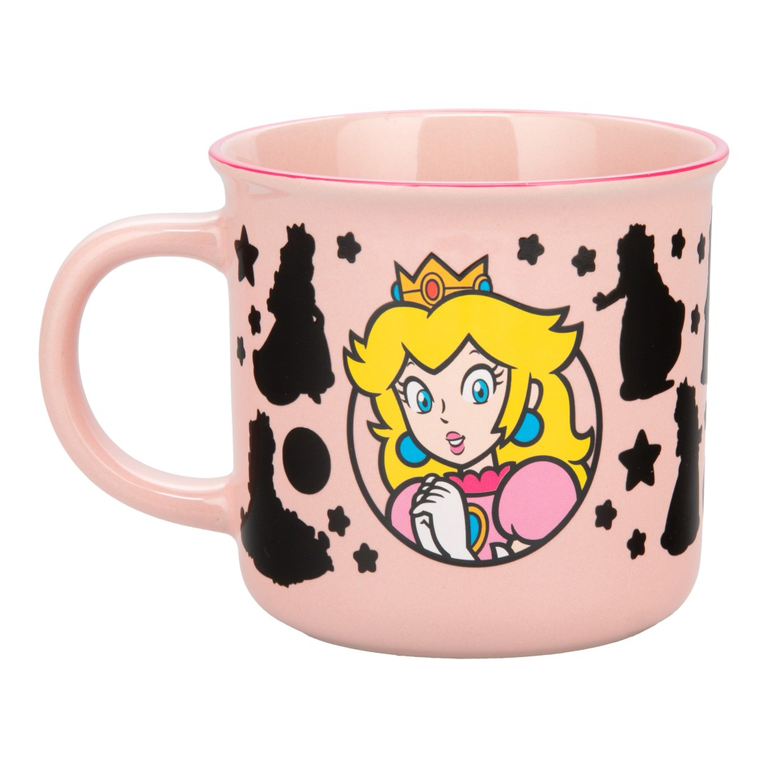 Różowy kubek z Księżniczką Peach z Super Mario, otoczony czarnymi sylwetkami.