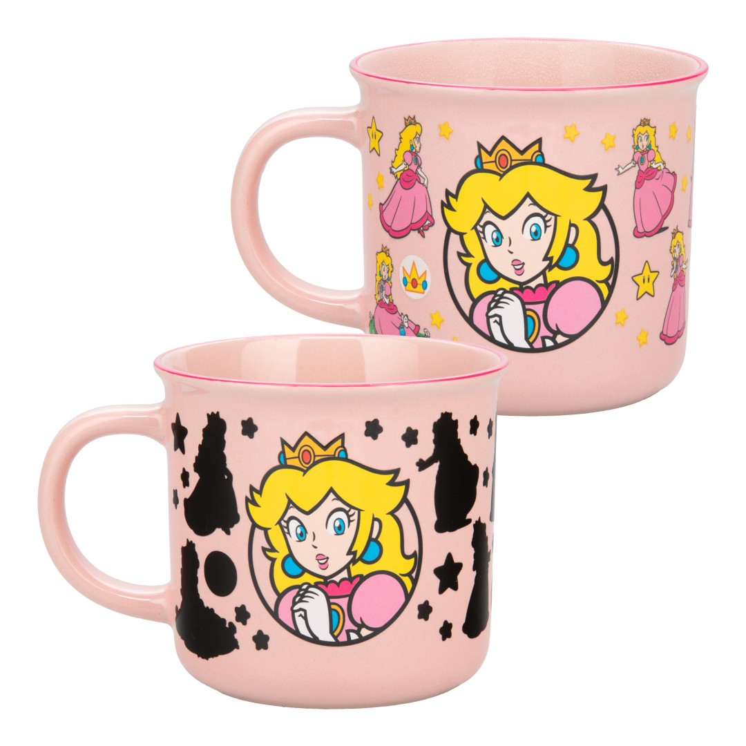 Dwa różowe kubki z motywami Księżniczki Peach i gwiazdami. Jeden kubek pokazuje ją wielokrotnie.