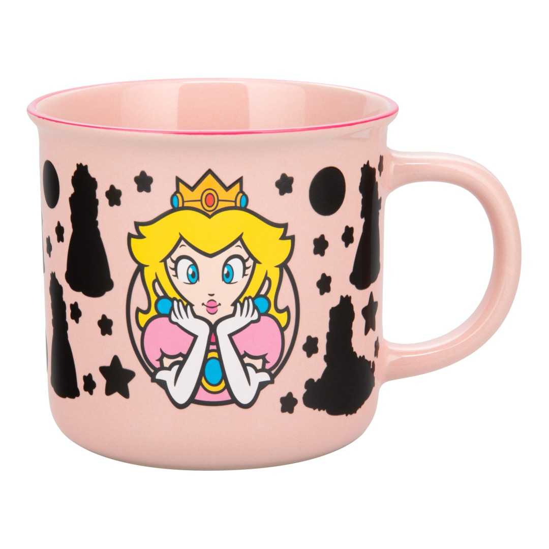 Różowy kubek z księżniczką Peach i motywami figur szachowych.