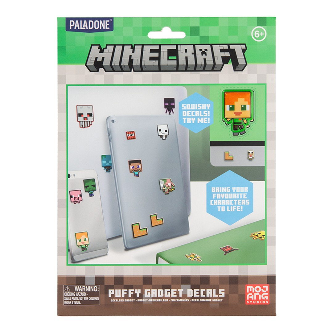 Puszyste naklejki Gadżety Minecraft z postaciami i blokami TNT na tablecie i telefonie.