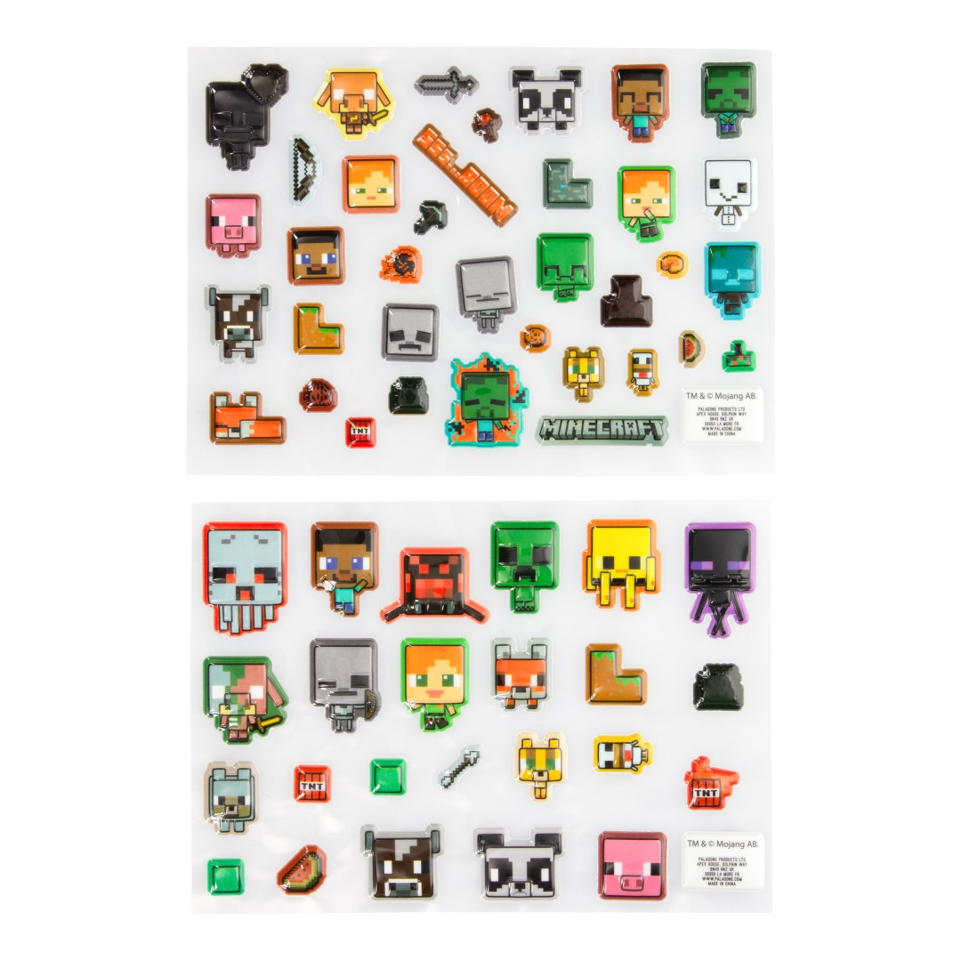 Naklejki Minecraft z postaciami i przedmiotami w dwóch rzędach.